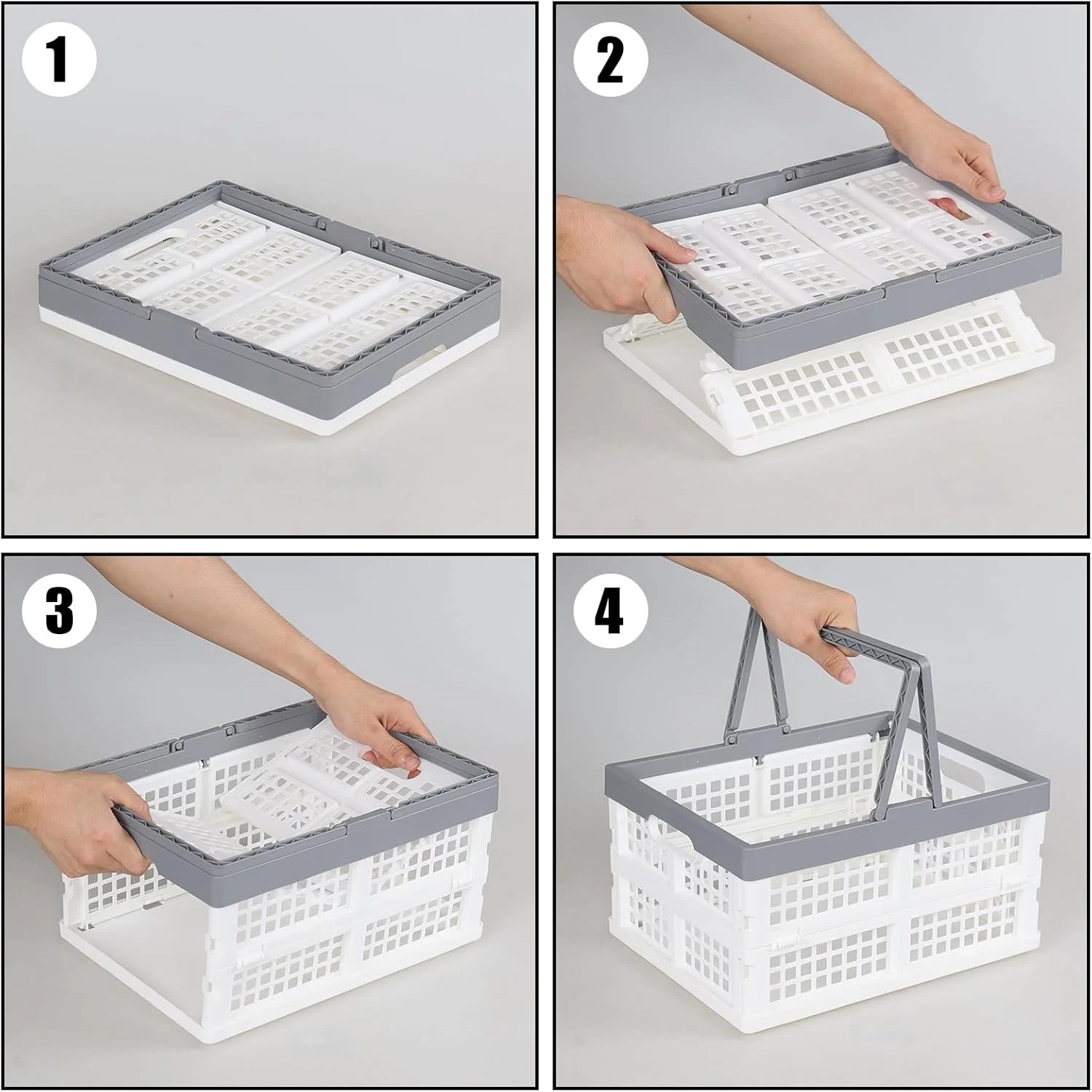 سبد خرید پلاستیکی تاشو Readsky، 2 عددی، 14 لیتری، جعبه های نگهداری تاشو با دستگیره، سفید
