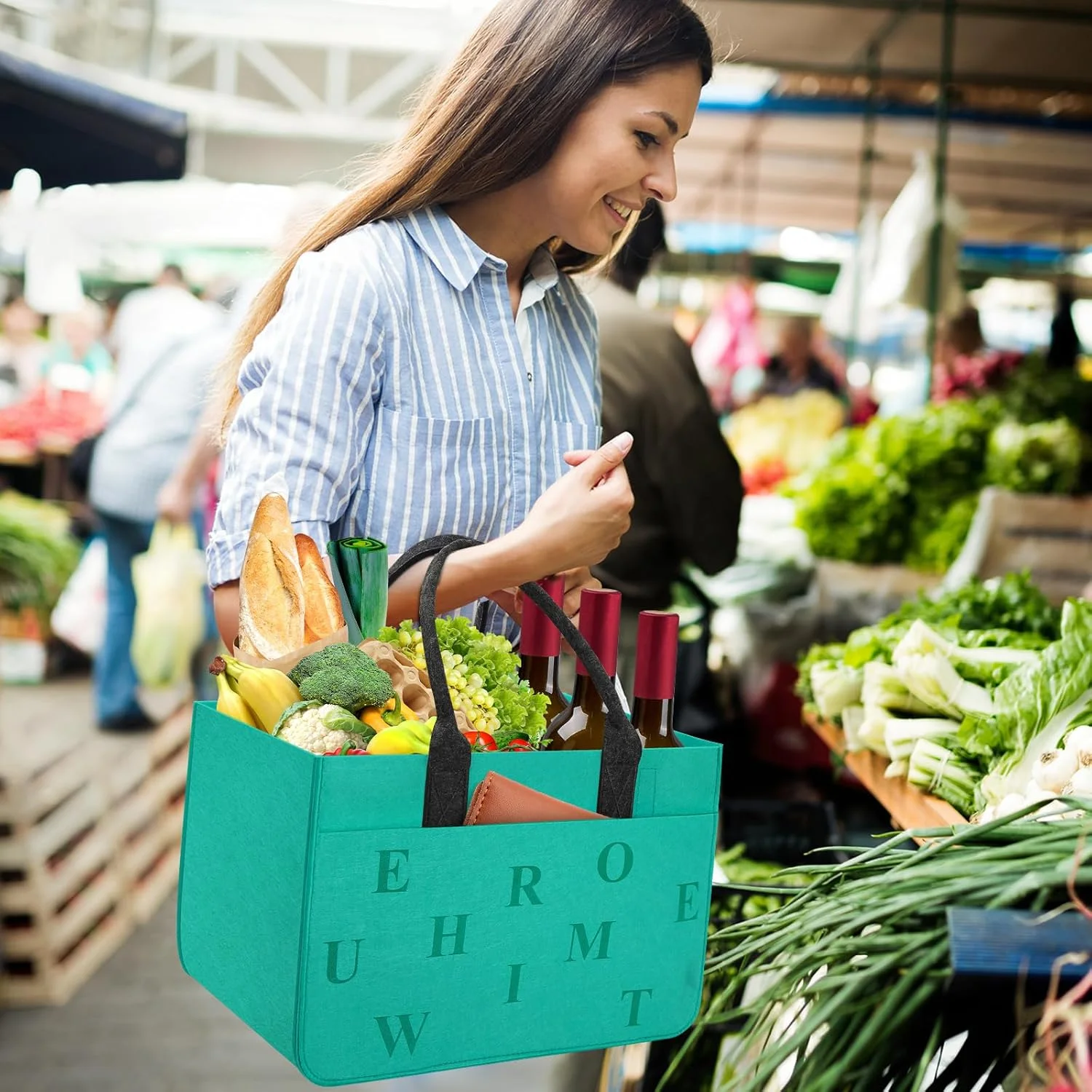 سبد خرید نمدی Eurhomewit، کیف نمدی، کیف خرید با محفظه، کیف نمدی بزرگ 30 لیتری، تاشو، کیف بطری مقاوم، کیف هیزم، سبد لباس، کیف اسباب بازی (فیروزه ای + خاکستری تیره/ بسته 2 عددی)
