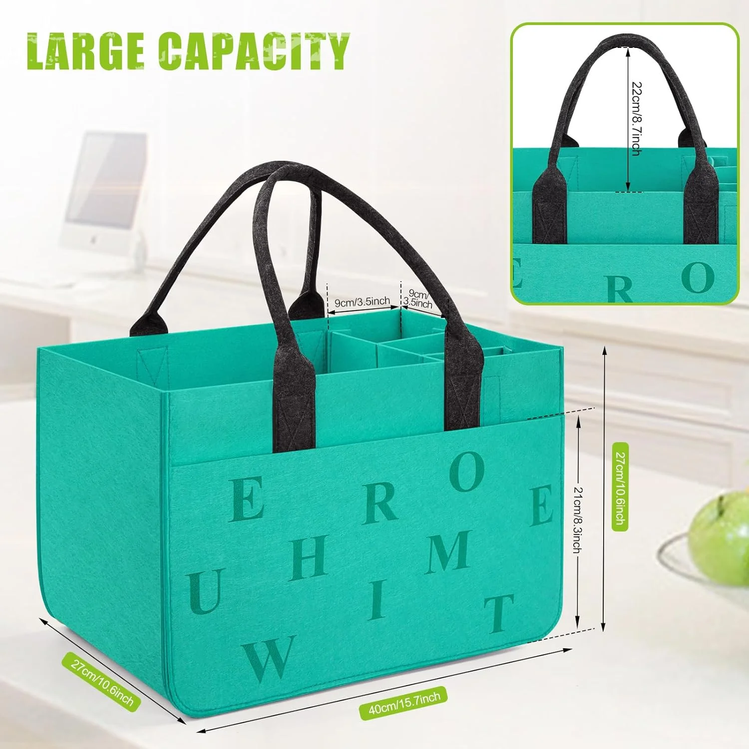 سبد خرید نمدی Eurhomewit، کیف نمدی، کیف خرید با محفظه، کیف نمدی بزرگ 30 لیتری، تاشو، کیف بطری مقاوم، کیف هیزم، سبد لباس، کیف اسباب بازی (فیروزه ای + خاکستری تیره/ بسته 2 عددی)