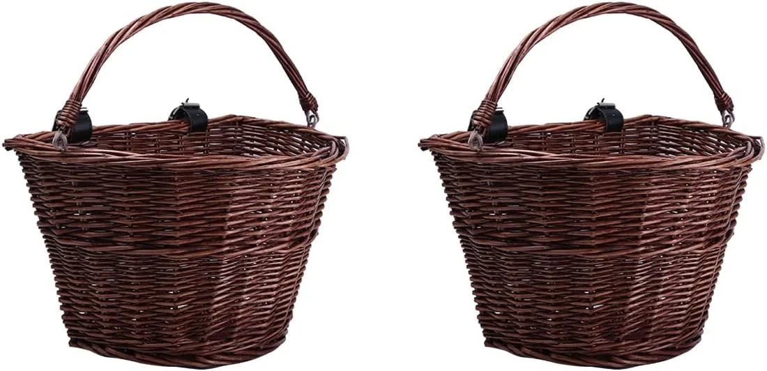 2 عدد سبد حصیری جلوی دوچرخه برقی سطلی، سبد غذای حصیری، سبد خرید کودک با دسته (قهوه ای)