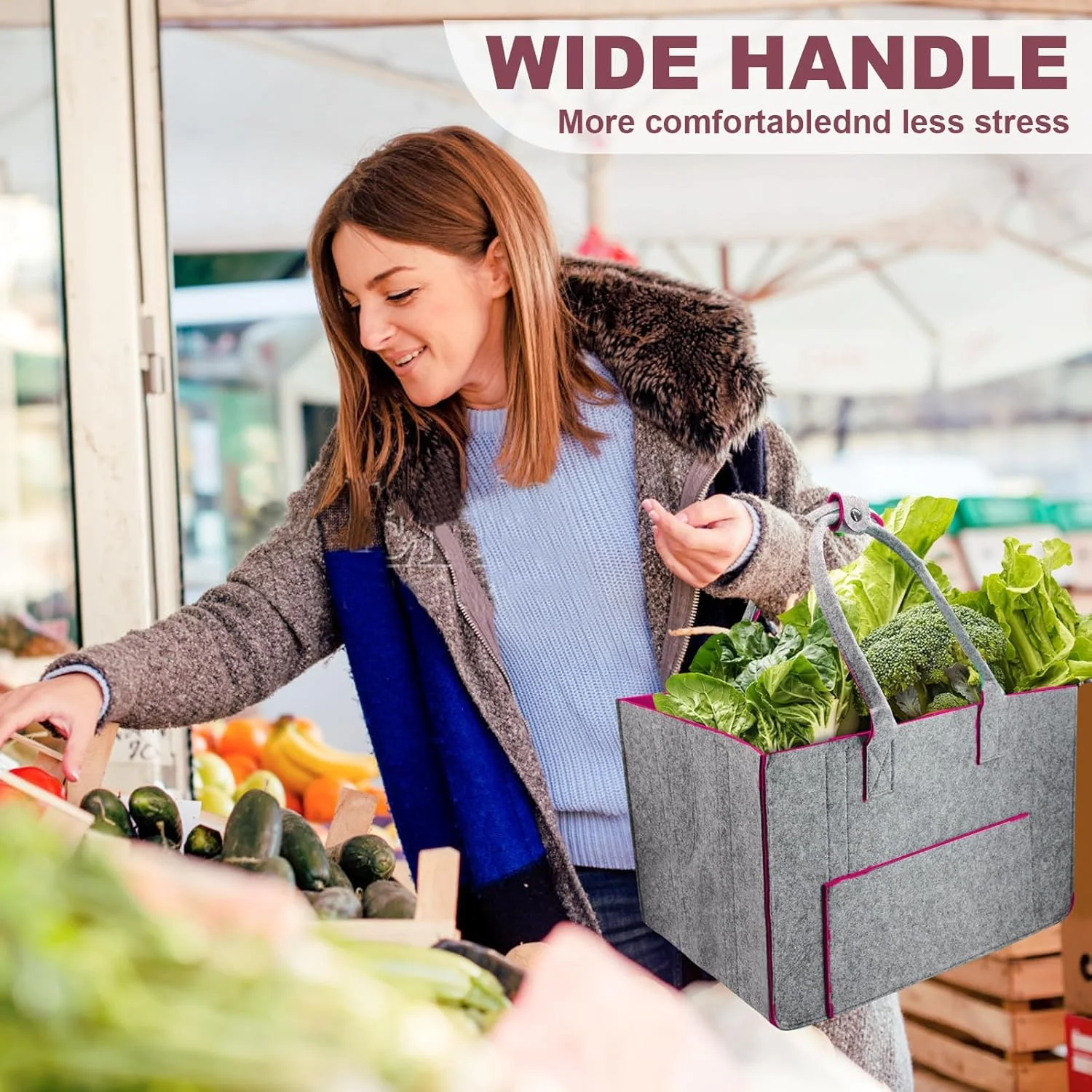 کیف خرید نمدی بزرگ xyzmilz با محفظه - کیف نمدی 30 لیتری خریدار XXL سبد خرید تاشو کیف هیزم سبد لباس سبد اسباب بازی