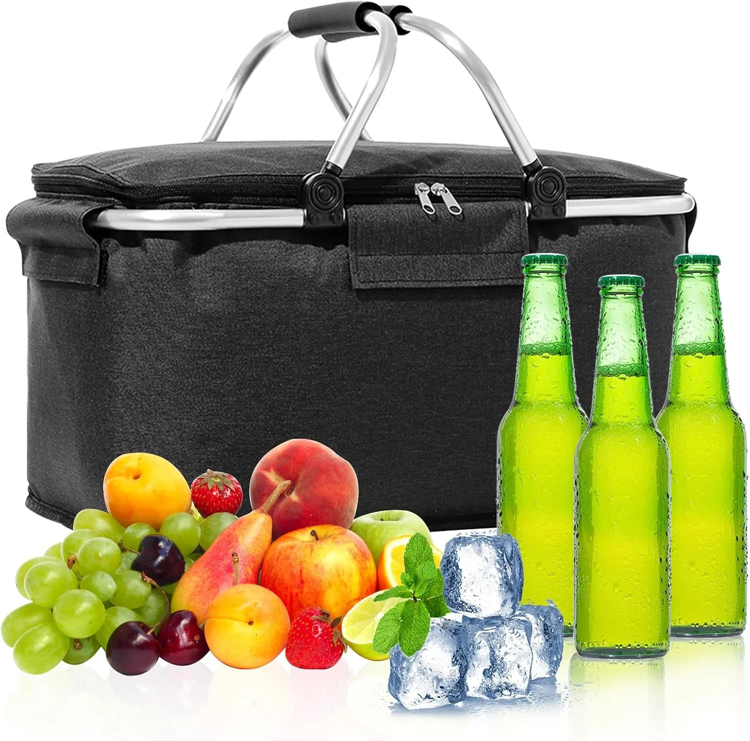 سبد خرید 26 لیتری YushengTai، سبد خرید مشکی، تاشو با دو دسته، کیف خنک نگهدارنده، تاشو برای مسافرت، پیک نیک، خرید، هدیه