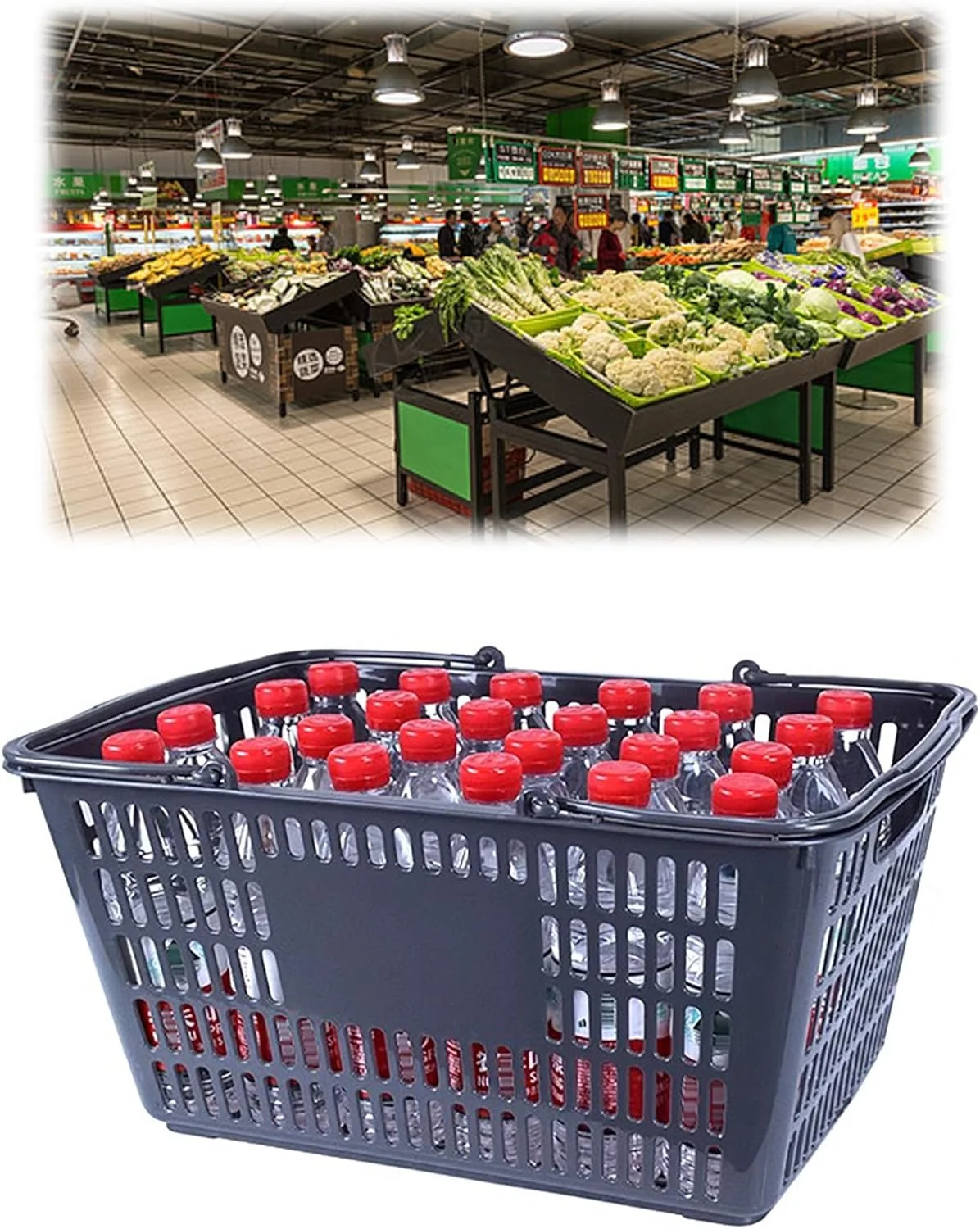بسته 4 عددی سبد خرید پلاستیکی با دسته، گزینه های 10 لیتری و 28 لیتری، سبدهای خرید با دستگیره آسان برای استفاده در سوپرمارکت و فروشگاه های خرده فروشی (36.8x24.8x20cm)