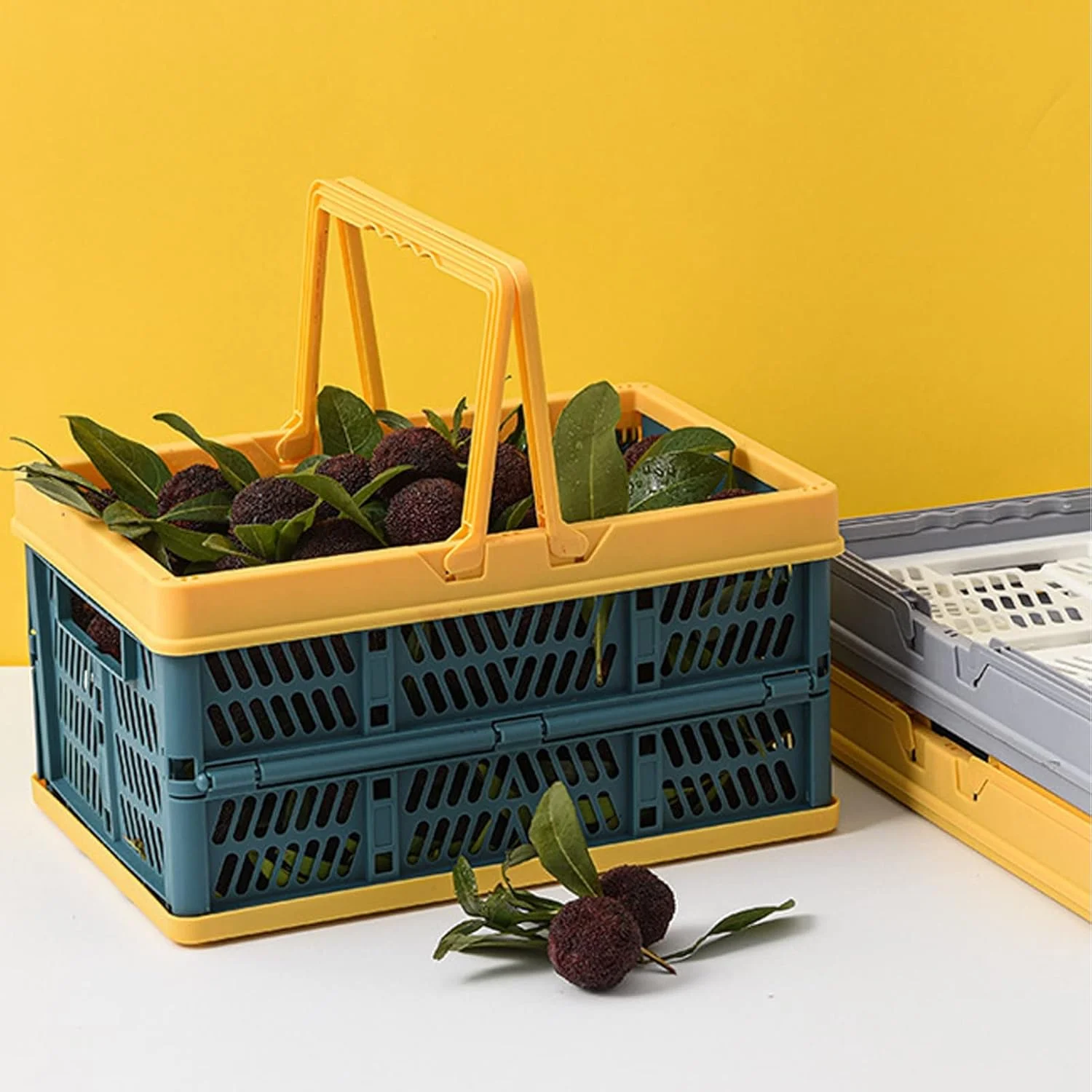 سبدهای خرید پلاستیکی تاشو Fdit، سبدهای ذخیره سازی جمع شونده با دستگیره، جعبه های ضد آب مد روز برای دفتر خانه (زرد سبز سایز بزرگ)