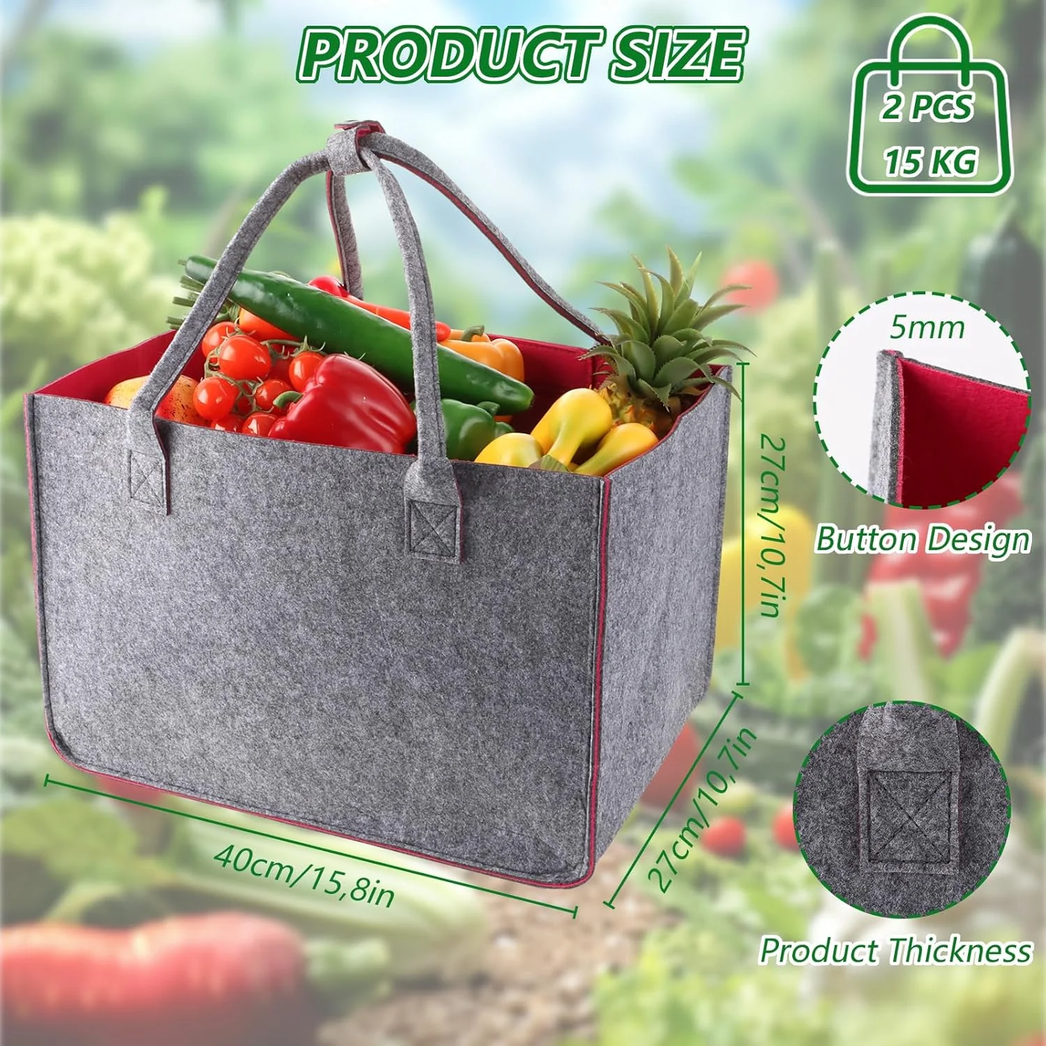 YAYODS بسته 2 عددی کیف نمدی سبد خرید بزرگ تاشو - 40 x 27 x 27 سانتی متر (30 لیتر) کیف نمدی ساک خرید کیف خرید بزرگ با جیب داخلی - سبد خرید مقاوم سبد خرید ضخیم YAYODS بسته 2 عددی کیف نمدی سبد خرید بزرگ تاشو - 40 x 27 x 27 سانتی متر (30 لیتر) کیف نمدی ساک خرید کیف خرید بزرگ با جیب داخلی - سبد خرید مقاوم سبد خرید ضخیم