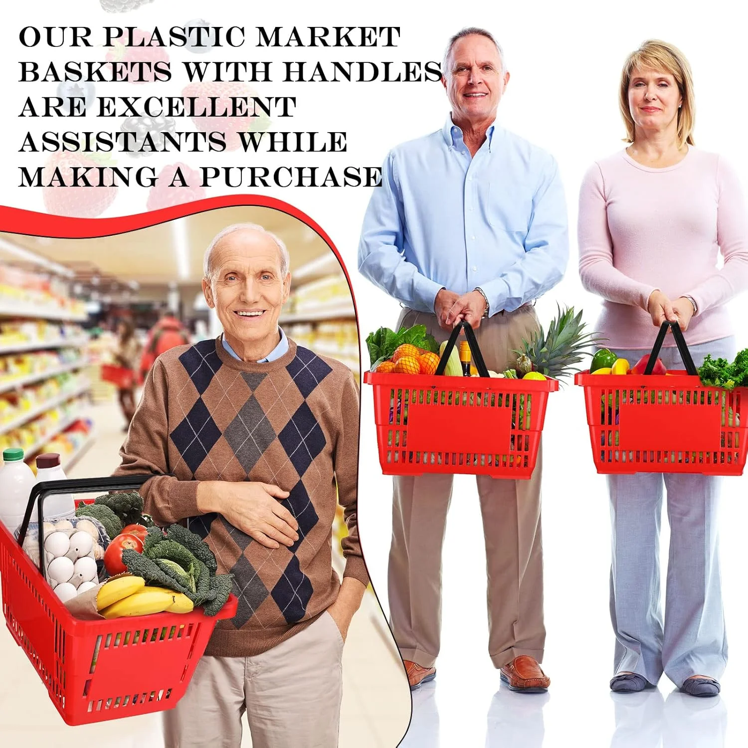 ست ۲۰ عددی سبد خرید مکاری با دسته، سبدهای پلاستیکی خرید مواد غذایی، ۴۳x۳۰x۲۳ سانتی متر، سبد فروشگاهی قابل حمل عمده برای فروشگاه های خرده فروشی، سوپرمارکت، خرید مواد غذایی (قرمز)