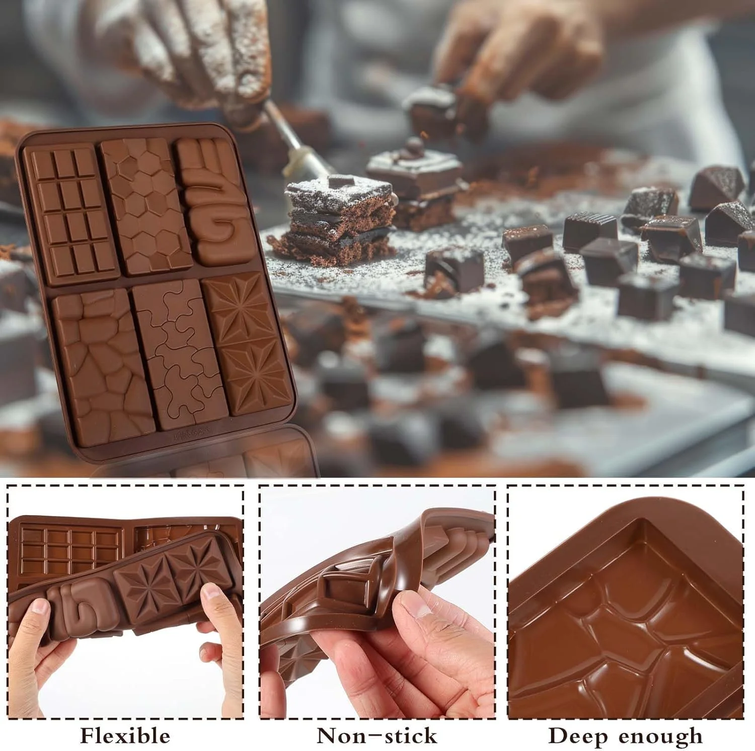 قالب شکلات BIGTHREE، بسته 2 عددی، قالب های شکلات سیلیکونی نچسب، قالب های پخت DIY قابل استفاده مجدد برای قالب های صابون دست ساز، شکلات آب نبات ژله و مکعب های یخ (6 حفره با اشکال مختلف)