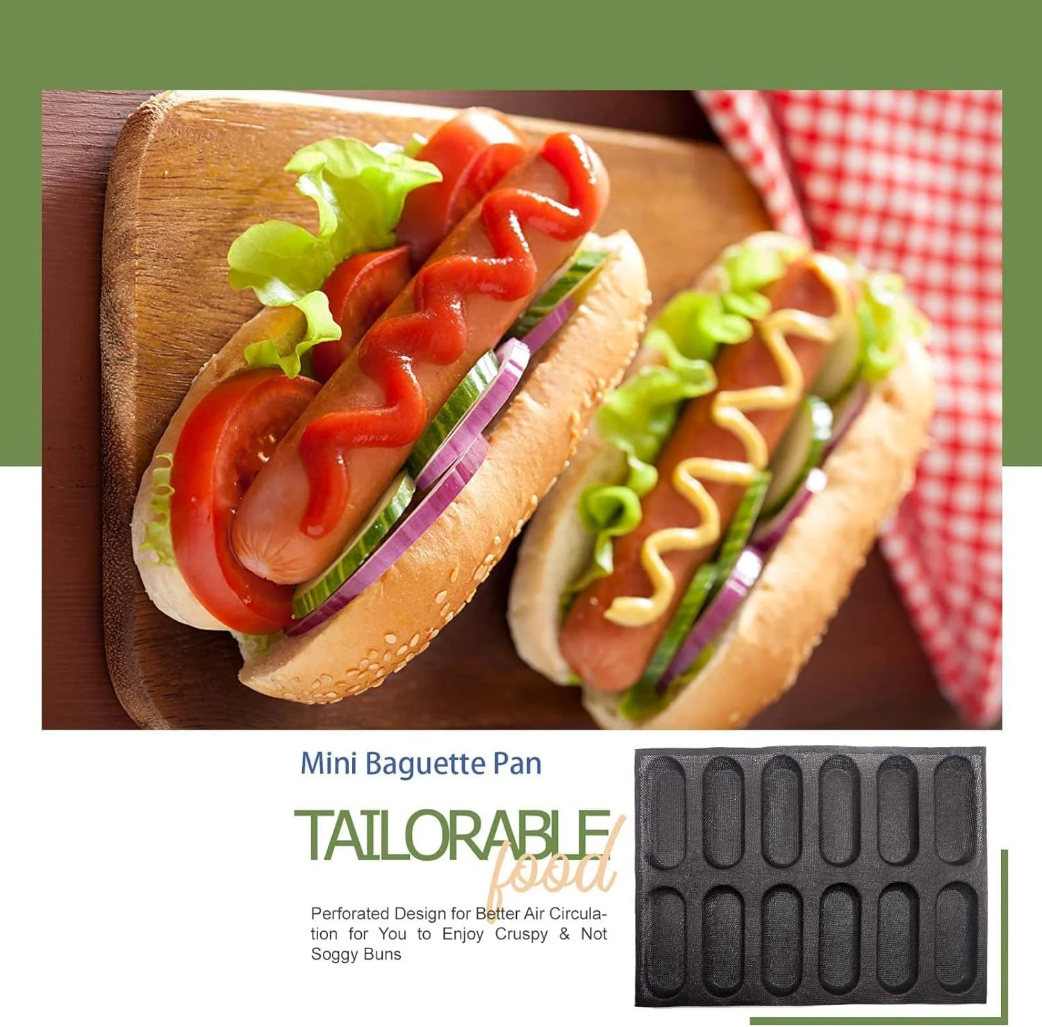 قالب باگت فرانسوی سیلیکونی آزونه، قالب نان ساندویچی سوراخ دار، قالب مینی 12 تایی، آستر نچسب پخت نان هات داگ، قالب نان هات داگ مینی