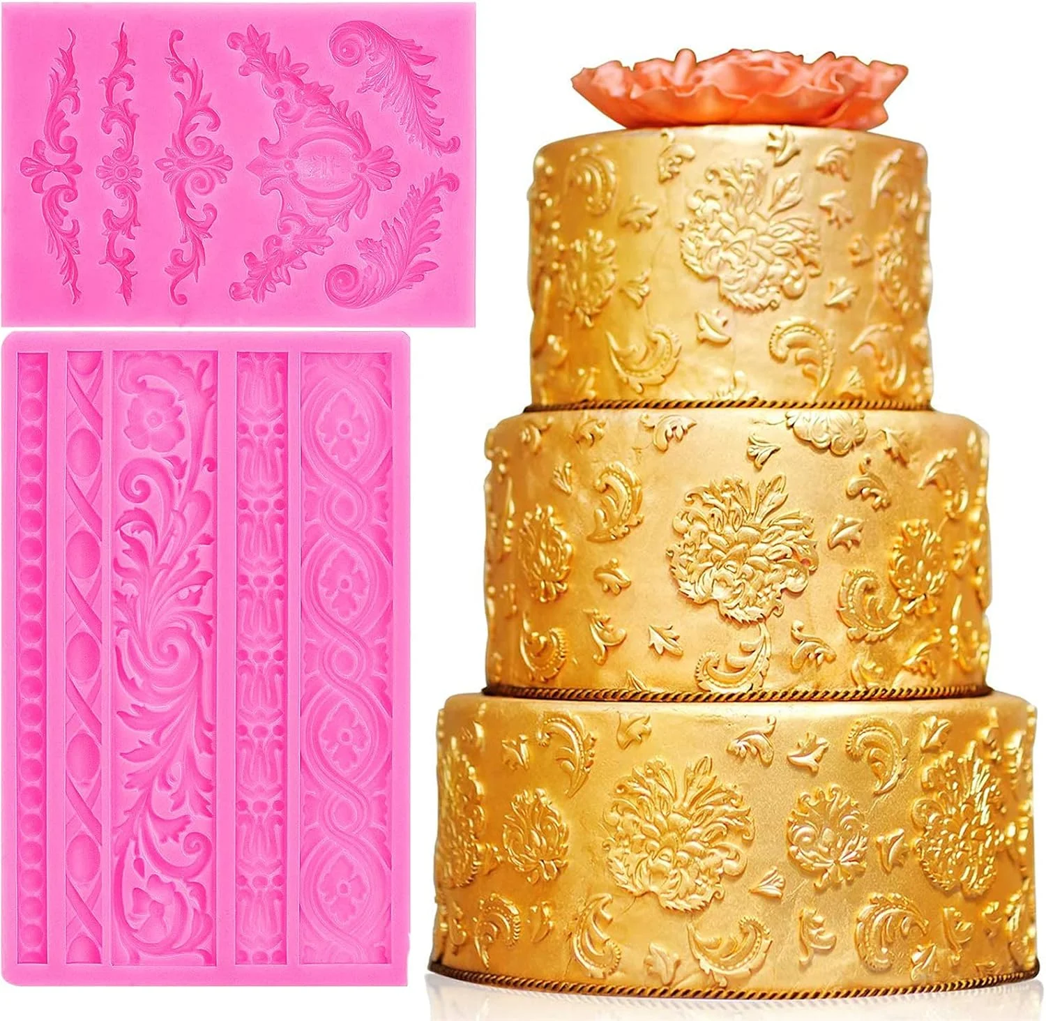 قالب فوندانت باروک azzeell PUPU، 2 عددی، قالب توری حاشیه اسکرول، قالب سیلیکونی فوندانت فر برای تزئین کیک، آب نبات، خمیر پلیمری، شکر