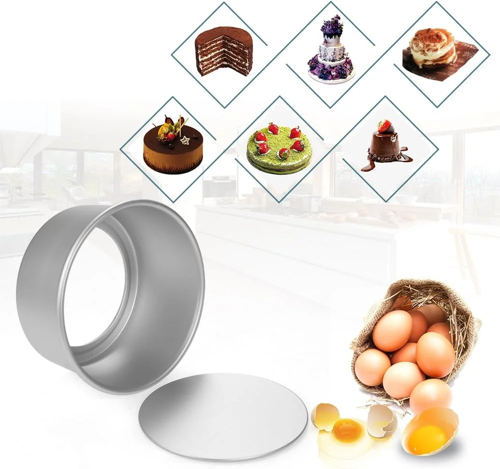 ست 5 عددی قالب کیک گرد آلیاژ آلومینیوم، قالب پخت کیک شیفون، پودینگ، چیزکیک با ته جدا شونده، نقره ای