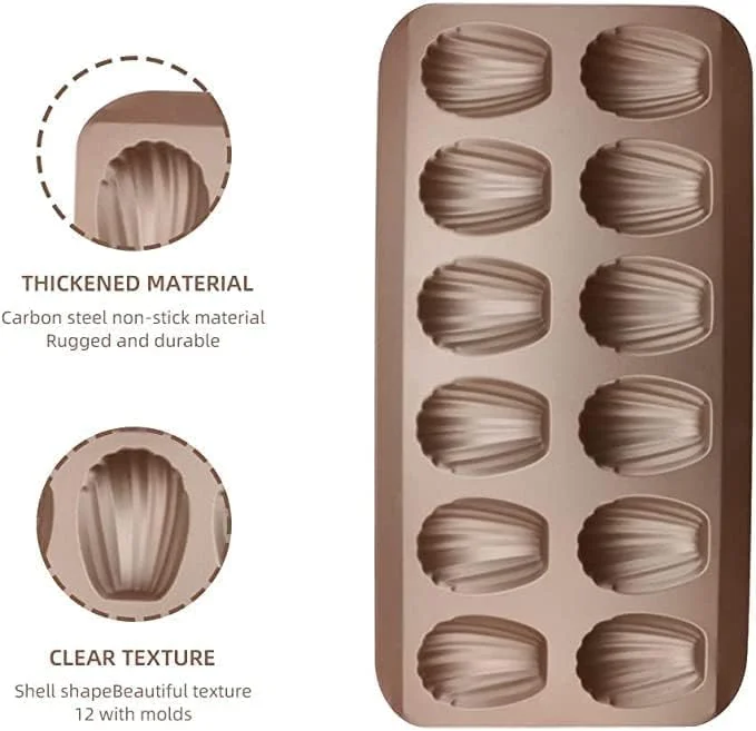 ست قالب مادلین AMERTEER | قالب های نچسب 12 خانه مادلین فرانسوی سنگین | سینی فر 2 تکه | قالب های مینی مادلین مقاوم در برابر تاب برداشتن (طلایی)