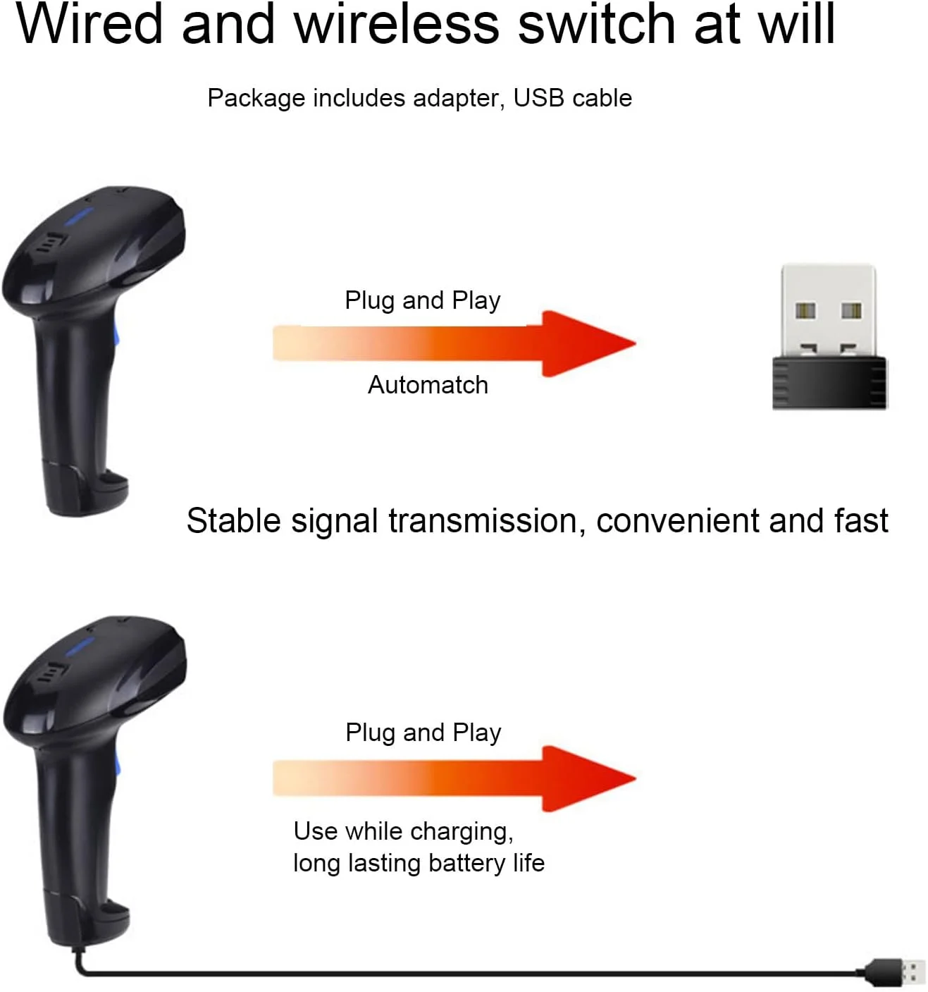 اسکنر بارکد دستی، بارکد خوان 1D USB2.0، بارکد خوان بی سیم و با سیم 2.4 گیگاهرتز با حالت دوگانه برای فروشگاه، انبار اسکنر بارکد دستی، بارکد خوان 1D USB2.0، بارکد خوان بی سیم و با سیم 2.4 گیگاهرتز با حالت دوگانه برای فروشگاه، انبار