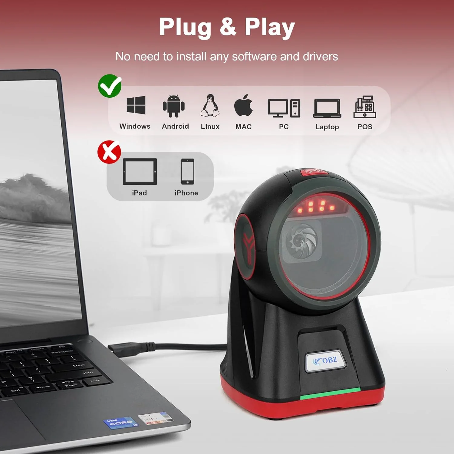 بارکد خوان سیمی USB مدل OBZ با قابلیت تنظیم ارتفاع برای صندوق فروشگاهی، کامپیوتر، سوپرمارکت و خرده فروشی