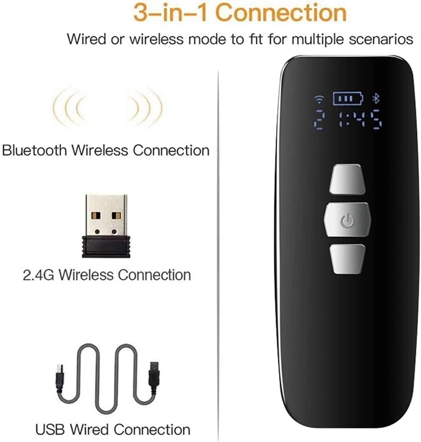 اسکنر بارکد GHQERTY بلوتوث+2.4G بیسیم+USB سیمی بارکد 1D برای تبلت سایز مینی، سبک و قابل حمل (2D) اسکنر بارکد GHQERTY بلوتوث+2.4G بیسیم+USB سیمی بارکد 1D برای تبلت سایز مینی، سبک و قابل حمل (2D)
