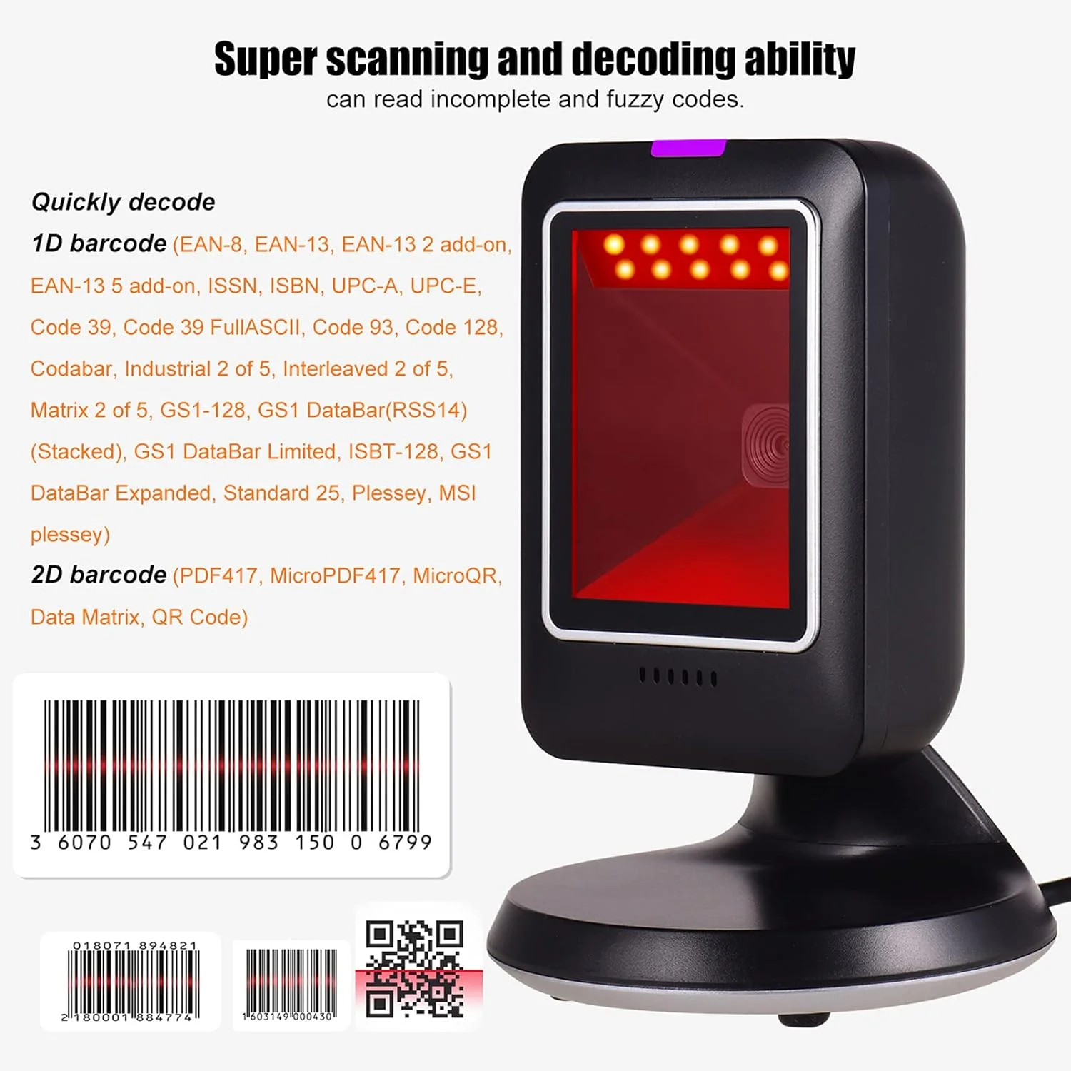 اسکنر بارکد خوان چند جهته MP6300Y 1D 2D QR USB Wed CMOS Image Hand-Free برای سوپرمارکت کتابفروشی خرده فروشی بیمارستان HELEMIY