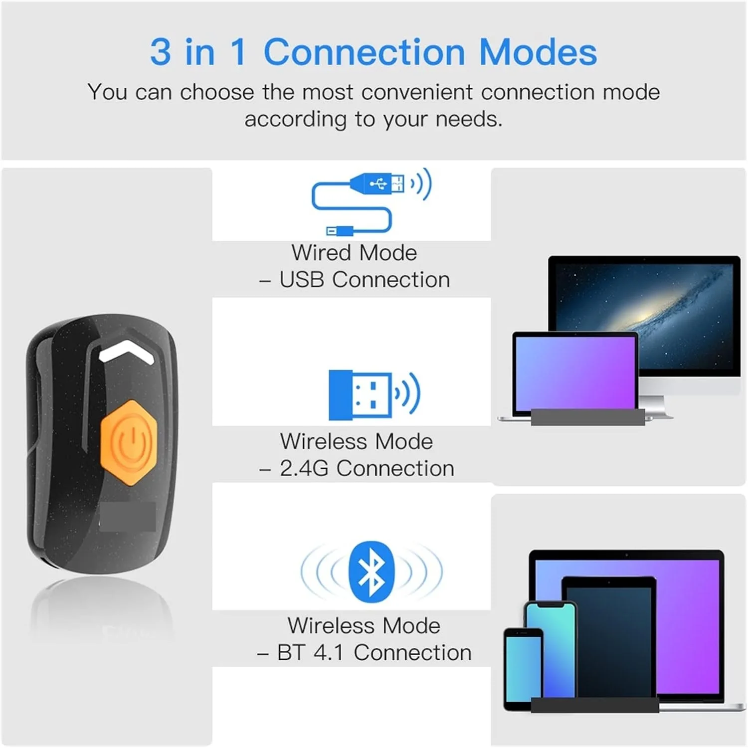 اسکنر بارکد دستی GZDZHP 2D QR 1D بلوتوثی مینی اسکنر بارکد بلوتوثی 2.4G بی سیم USB سیمی قابل حمل ماتریس اسکنر (رنگ: مشکی، اندازه: 2D)