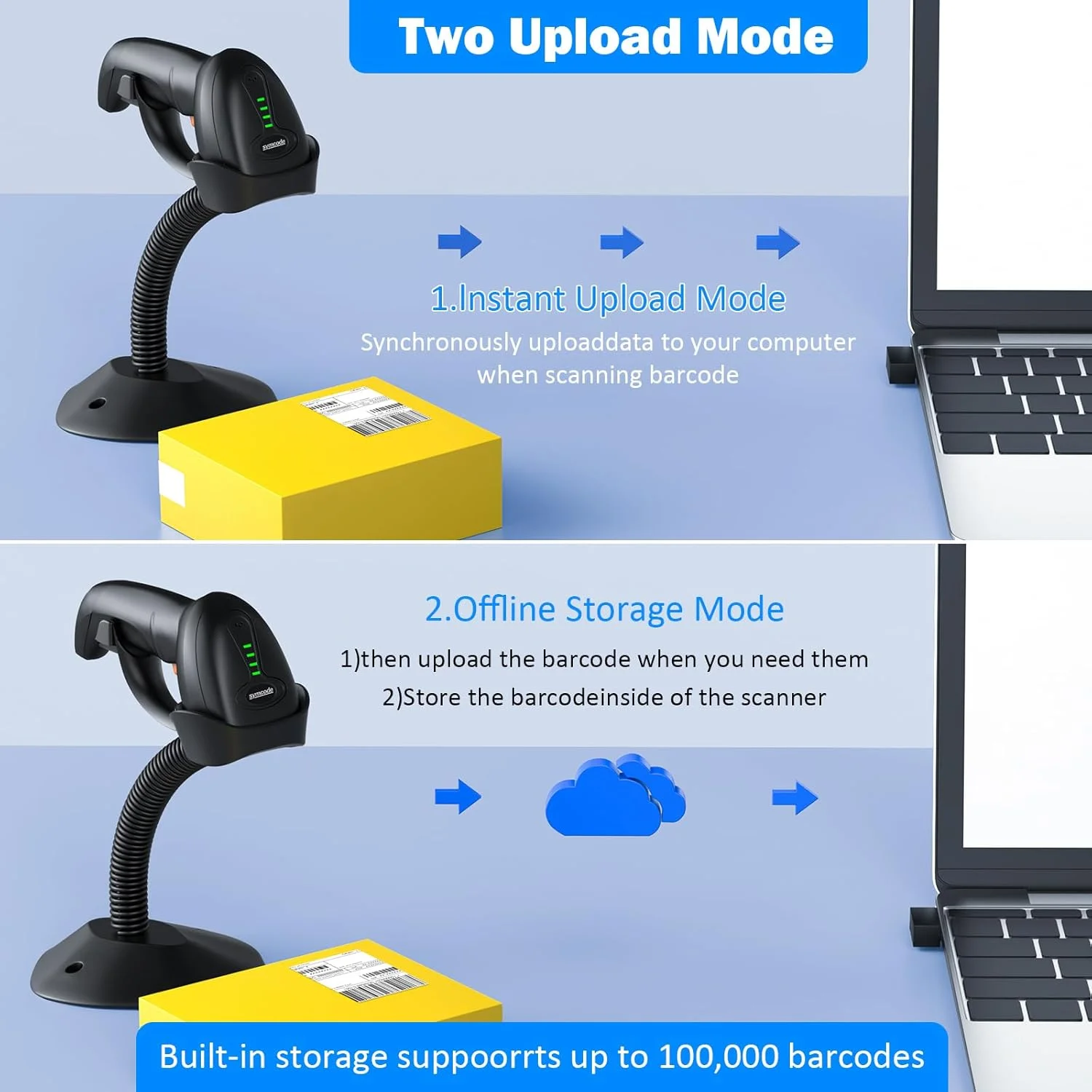 اسکنر بارکد بی سیم Symcode با پایه حسگر خودکار، اسکنر بارکد لیزری بی سیم دستی 1D با نشانگر سطح باتری و چند اسکنر به یک گیرنده اسکنر بارکد بی سیم Symcode با پایه حسگر خودکار، اسکنر بارکد لیزری بی سیم دستی 1D با نشانگر سطح باتری و چند اسکنر به یک گیرنده