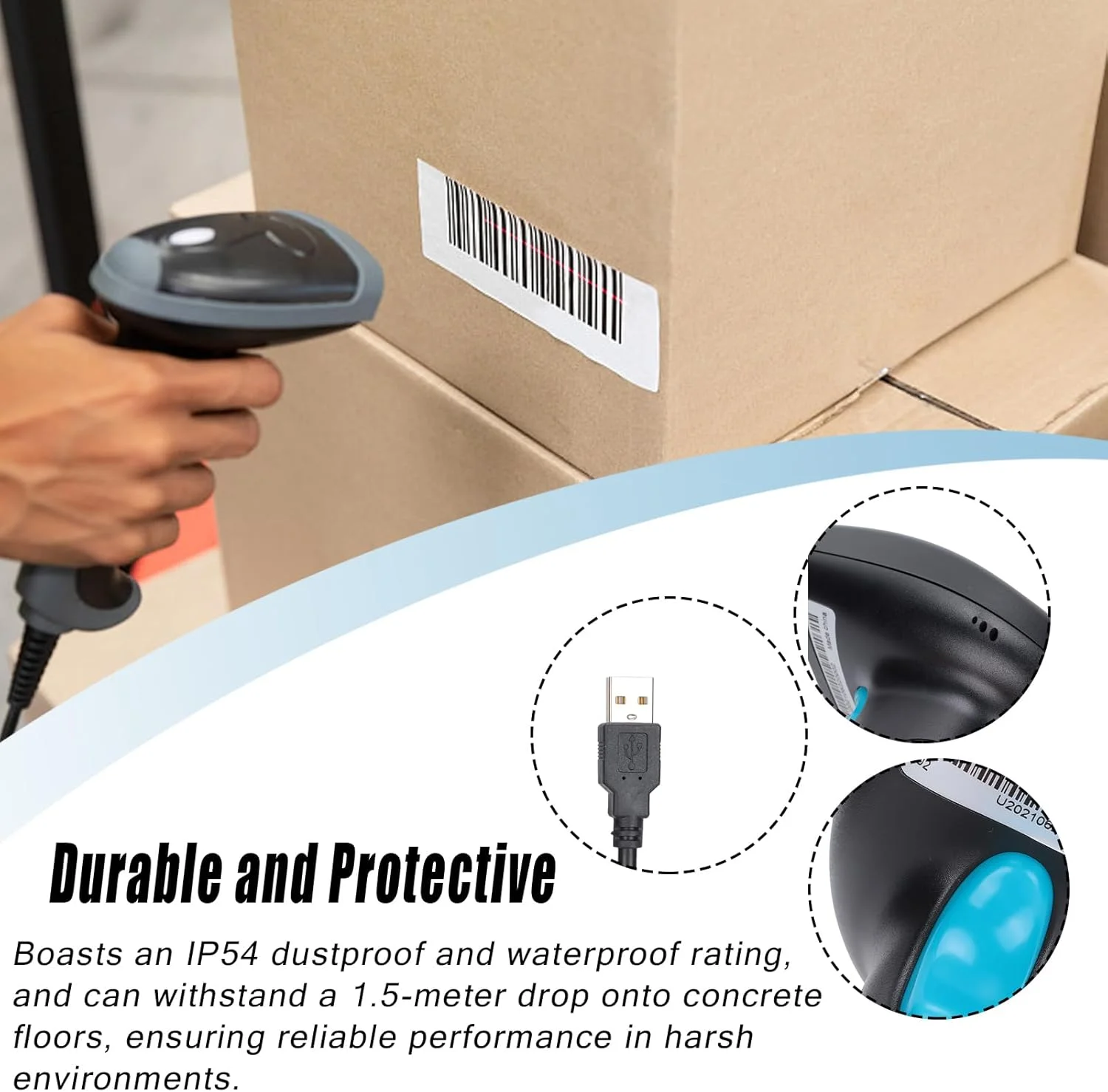 اسکنر بارکد دستی lvifloae با قابلیت خواندن 360 درجه ای کد QR، اسکنر بارکد خوان USB (آبی مشکی)