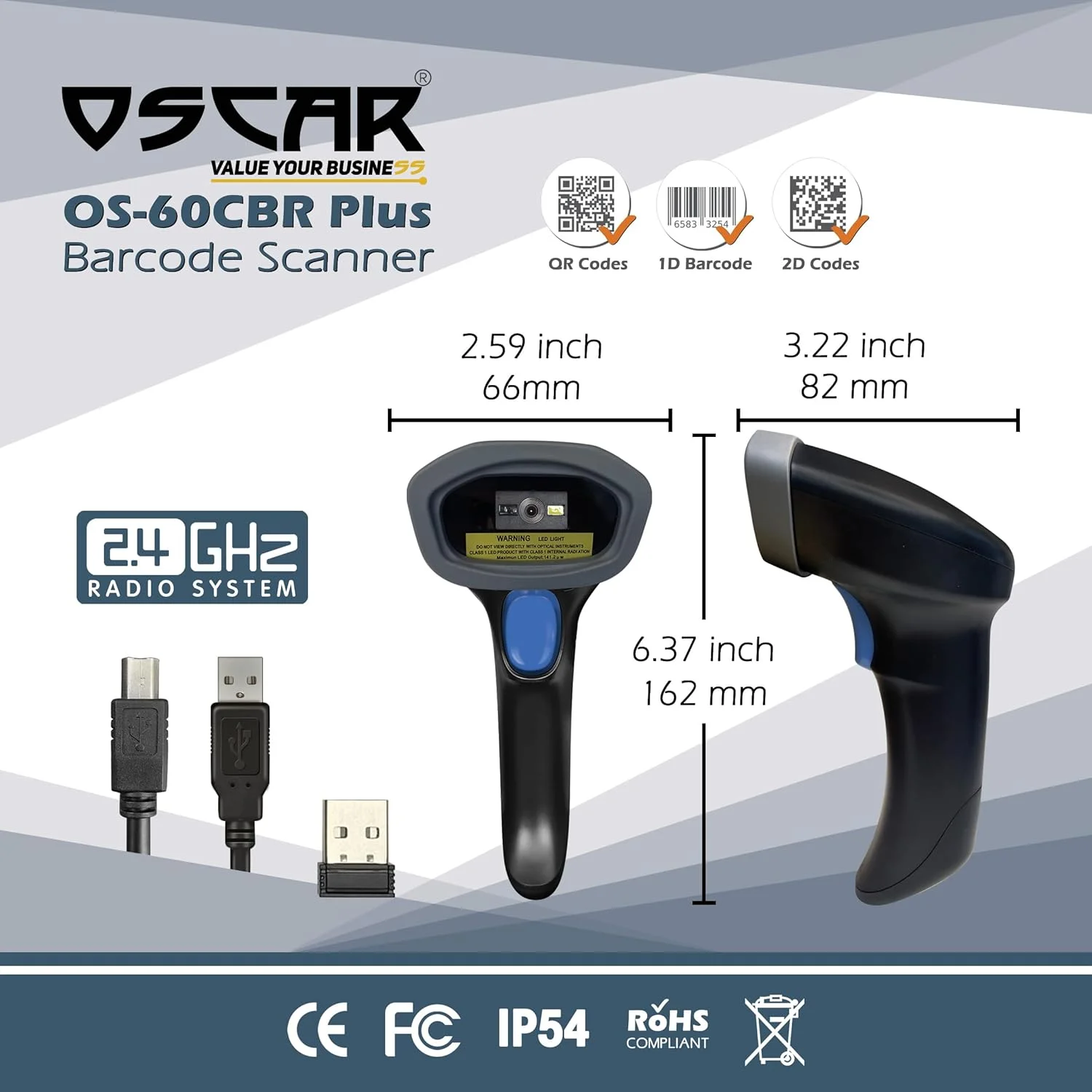 بارکد اسکنر OSCAR OS-60CBR PLUS دو کاره باسیم و بی سیم، حافظه 160,000، اسکنر بارکد شارژی Area Imager 2D QR 1D، برد 30 متر، مناسب انبار، خرده فروشی، دفتر، POS، اسکن از صفحه موبایل (مشکی)