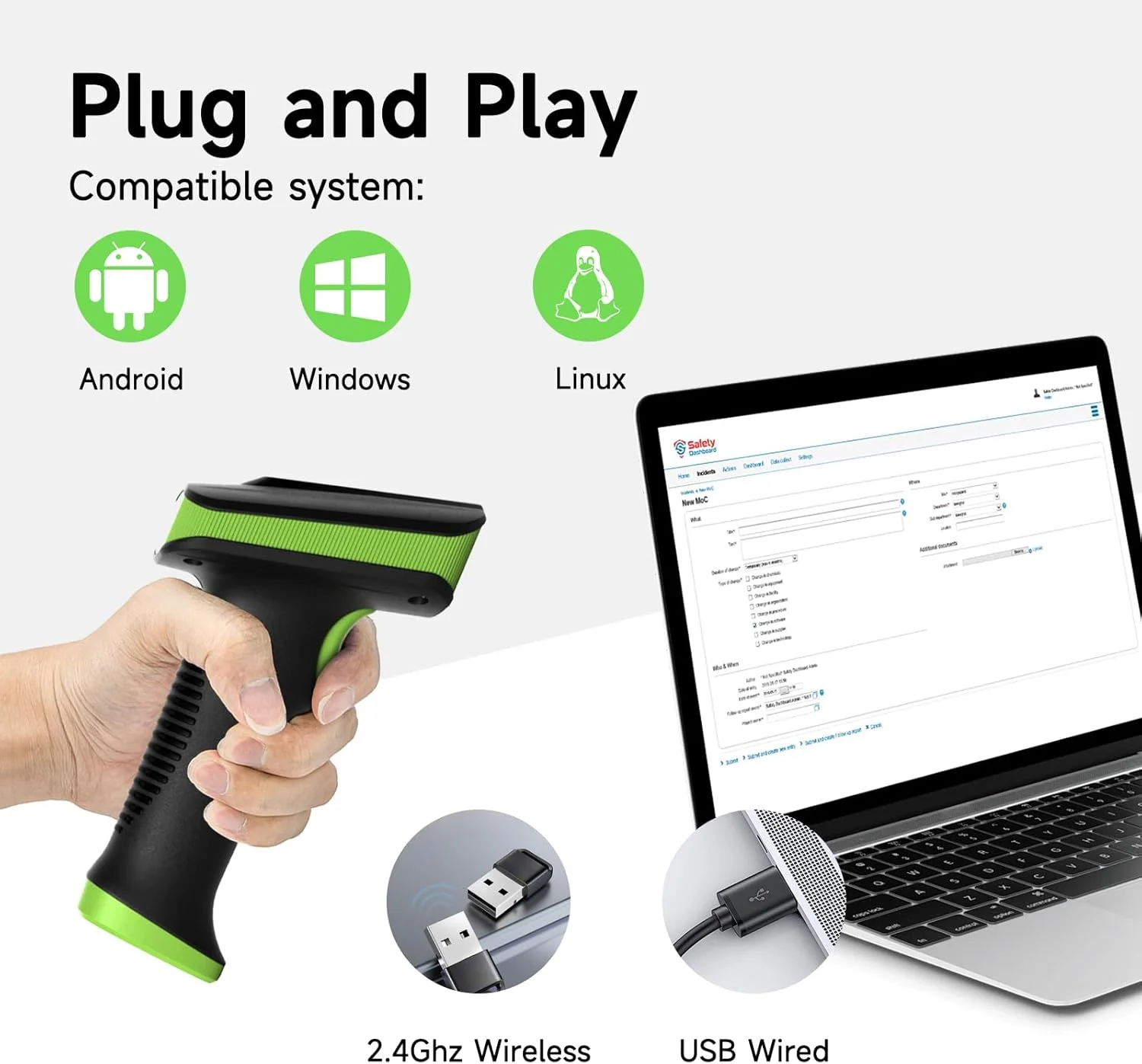 اسکنر بارکد بی سیم YANZEO SC2381، اسکنر دستی 1D 2D، اسکنر کد QR اتوماتیک، بارکد خوان سریع و دقیق Plug & Play برای سوپرمارکت، انبار، فروشگاه رفاه