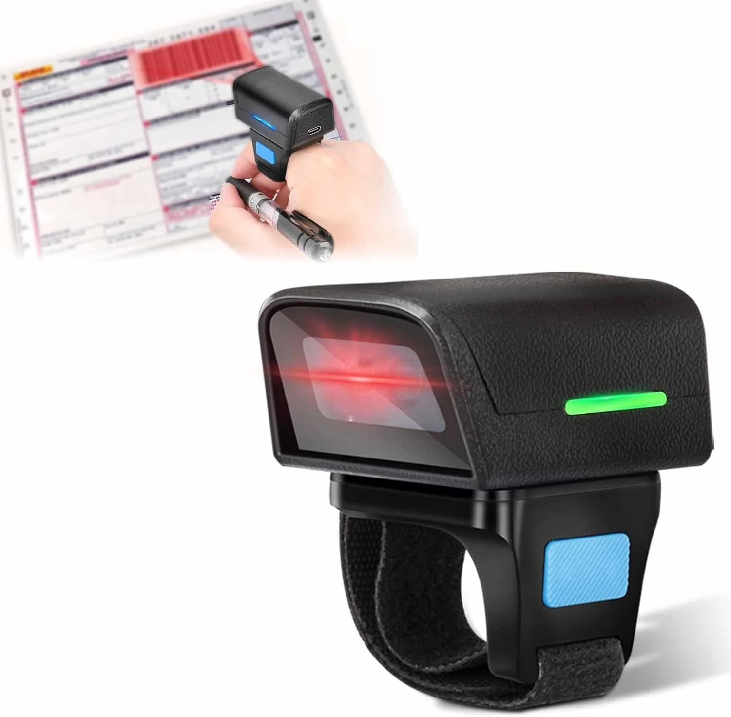 اسکنر بارکد انگشتی پوشیدنی، اتصال سه حالته USB سیمی + 2.4G + BT، پشتیبانی از اسکن بارکد یک بعدی/کد QR، ضد لرزش و ضد سقوط، اسکن سریع و دقیق، مشکی