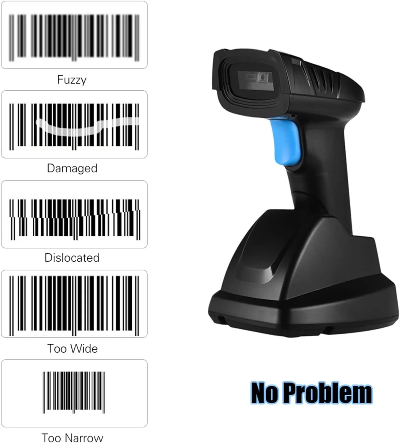 اسکنر بارکد بی سیم 1D 2D QR با پایه شارژ و گیرنده USB، فاصله انتقال طولانی 100 متری برای سوپرمارکت، فروشگاه خرده فروشی، انبار، پرداخت موبایلی و صفحه نمایش کامپیوتر اسکنر بارکد بی سیم 1D 2D QR با پایه شارژ و گیرنده USB، فاصله انتقال طولانی 100 متری برای سوپرمارکت، فروشگاه خرده فروشی، انبار، پرداخت موبایلی و صفحه نمایش کامپیوتر