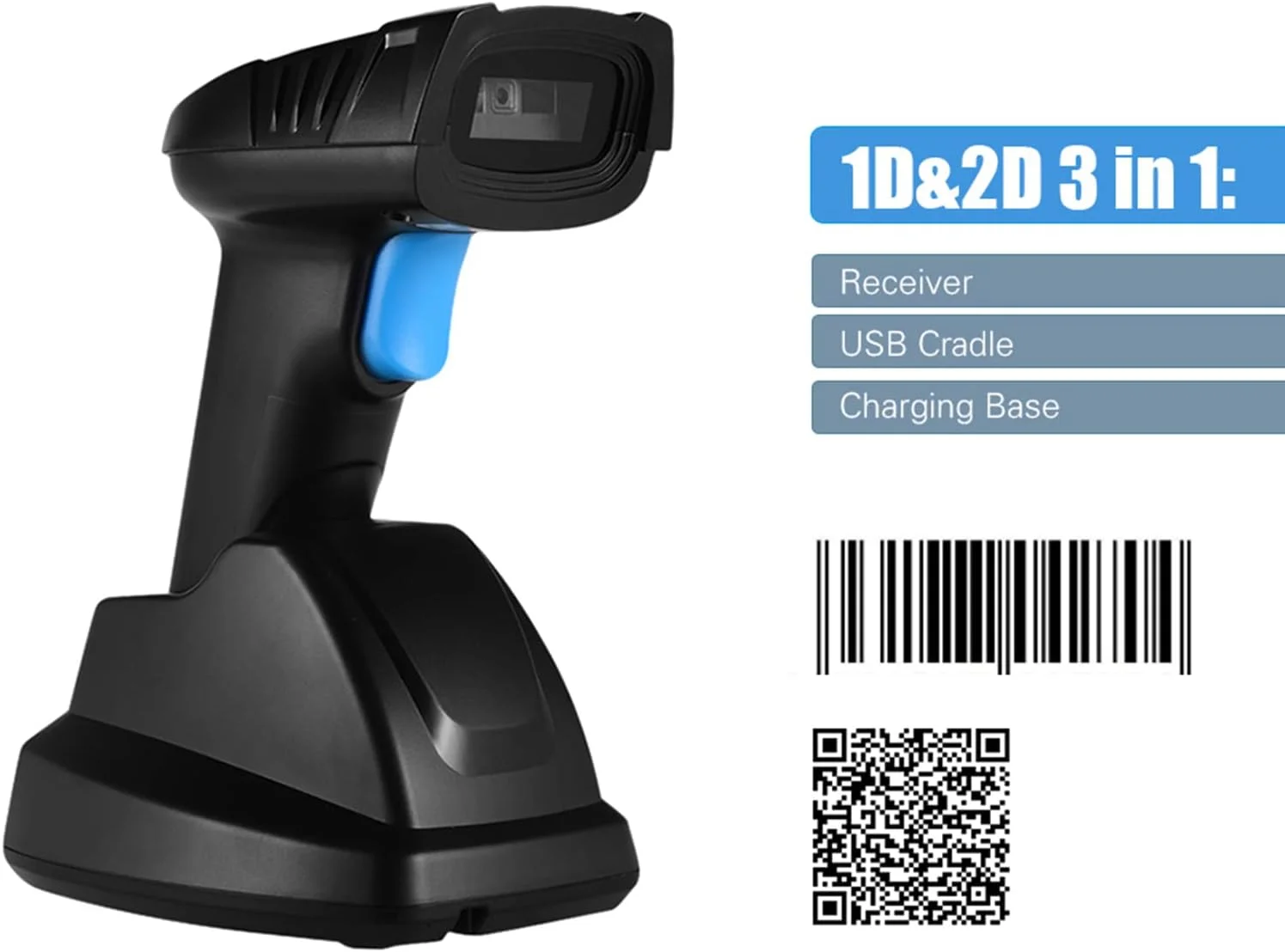 اسکنر بارکد بی سیم 1D 2D QR با پایه شارژ و گیرنده USB، فاصله انتقال طولانی 100 متری برای سوپرمارکت، فروشگاه خرده فروشی، انبار، پرداخت موبایلی و صفحه نمایش کامپیوتر اسکنر بارکد بی سیم 1D 2D QR با پایه شارژ و گیرنده USB، فاصله انتقال طولانی 100 متری برای سوپرمارکت، فروشگاه خرده فروشی، انبار، پرداخت موبایلی و صفحه نمایش کامپیوتر