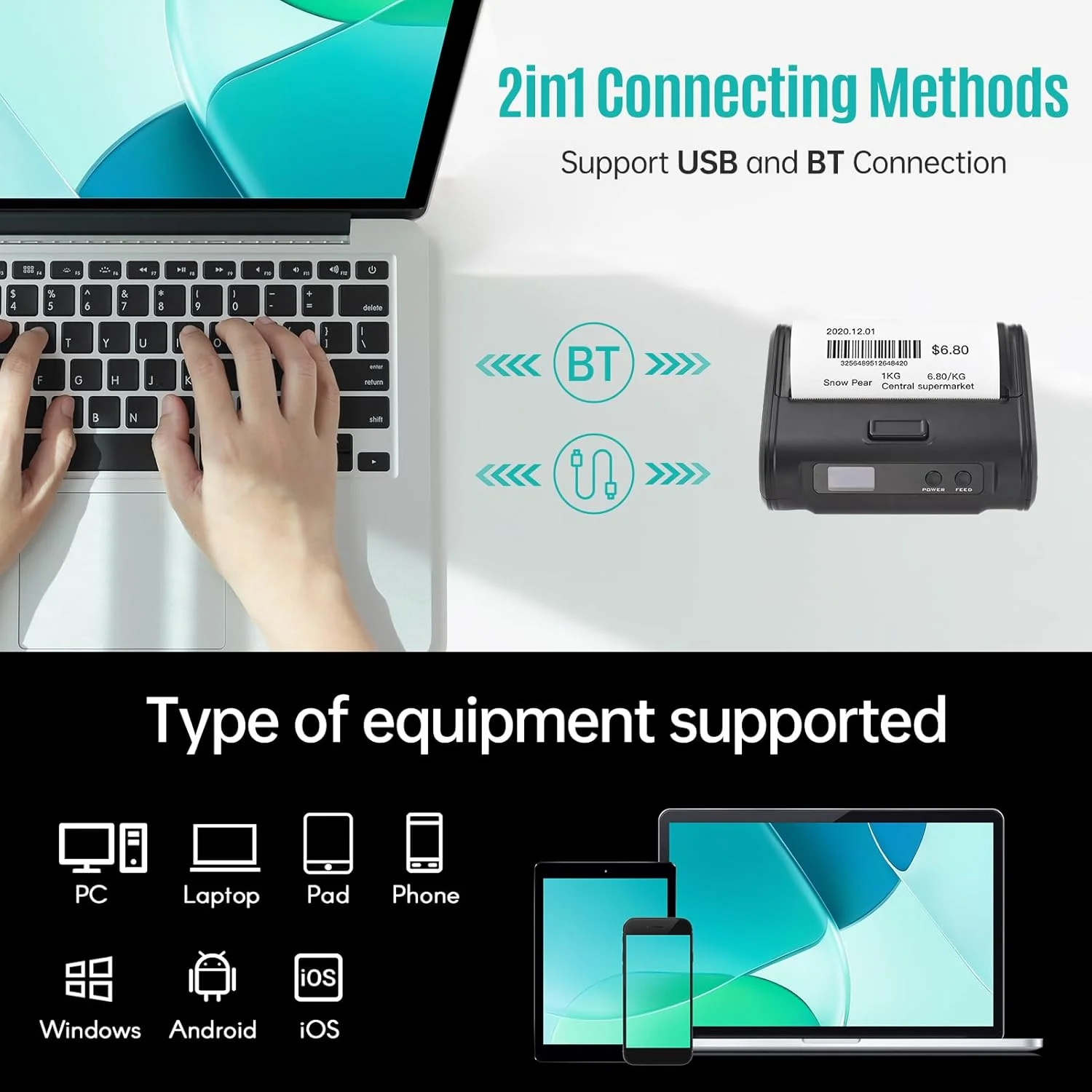 چاپگر رسید بی سیم 4 اینچی 110 میلی متری قابل حمل موبایل 203dpi چاپ واضح اتصال BT USB برای فروشگاه های کوچک مواد غذایی پشتیبانی از کاغذ پیوسته شکاف دار چاپگر رسید بی سیم 4 اینچی 110 میلی متری قابل حمل موبایل 203dpi چاپ واضح اتصال BT USB برای فروشگاه های کوچک مواد غذایی پشتیبانی از کاغذ پیوسته شکاف دار