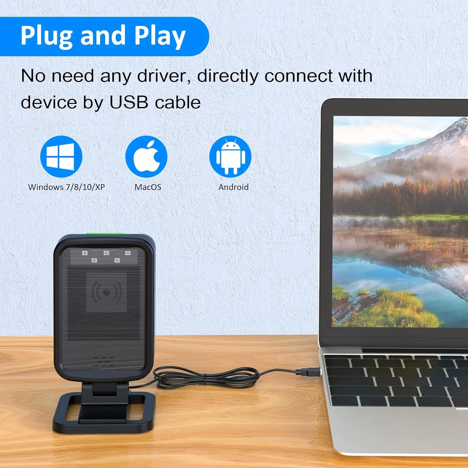 اسکنر بارکد سیمی USB رومیزی اتوماتیک همه جهته 1D/2D Alacrity، پلاگ اند پلی، اسکنر بارکد هندزفری برای انبار، سوپرمارکت، خرده فروشی، سیستم پوز کتابفروشی