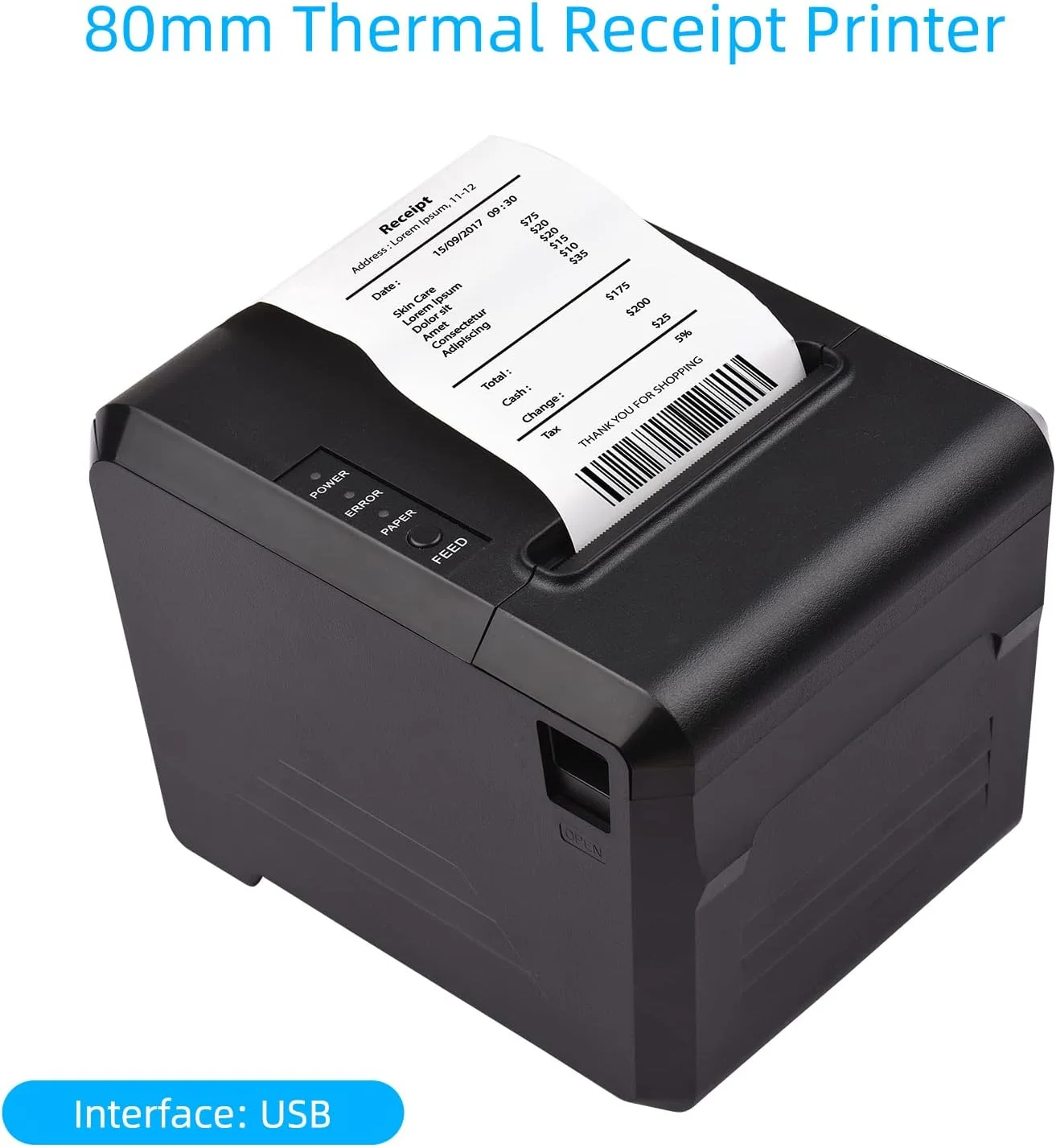 چاپگر حرارتی رسید USB مدل CRTGW 80mm با برش خودکار برای چاپ قبض و بلیط، اتصال USB سازگار با سیستم عامل های iOS، اندروید، ویندوز، لینوکس، دستورات چاپ ESC/POS برای سوپرمارکت