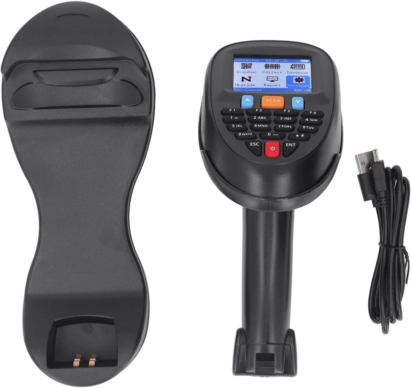 اسکنر بارکد بی سیم Vomeko 2.4GHZ تشخیص اسکن بارکد خوان دستی USB 1D با پایه شارژ جمع کننده داده، برای فروشگاه، سوپرمارکت، انبار