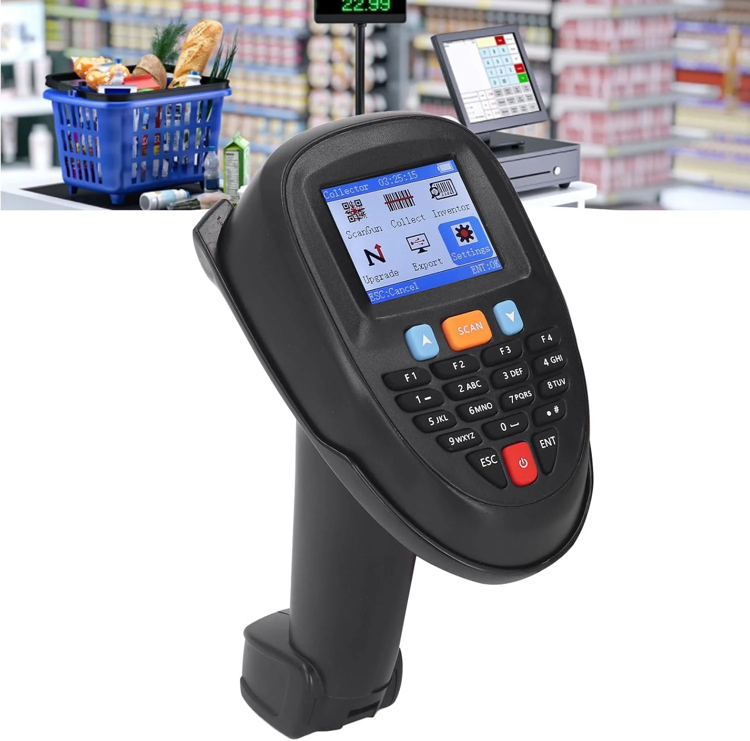 اسکنر بارکد بی سیم Vomeko 2.4GHZ تشخیص اسکن بارکد خوان دستی USB 1D با پایه شارژ جمع کننده داده، برای فروشگاه، سوپرمارکت، انبار