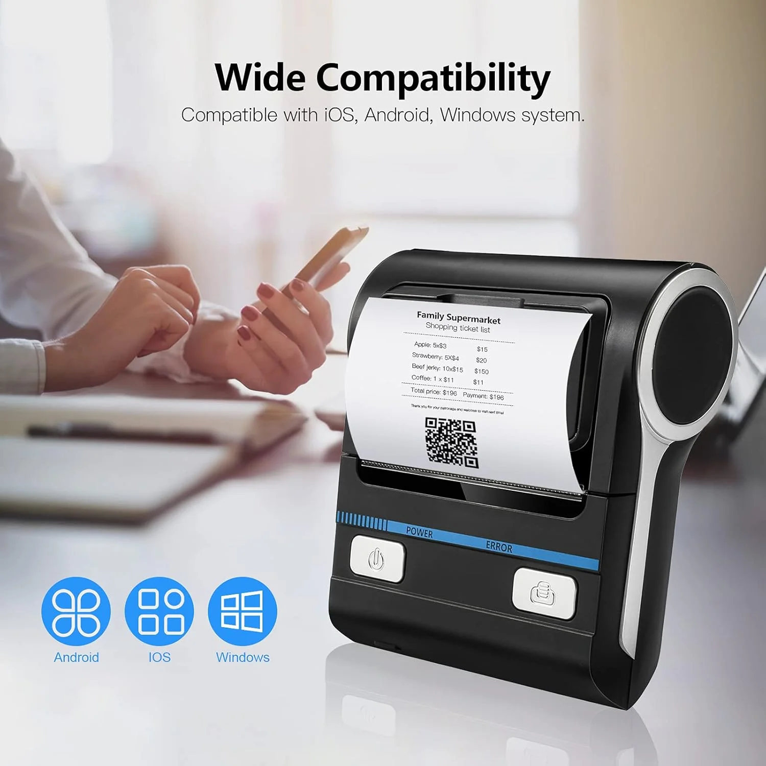چاپگر رسید، چاپگر حرارتی بی سیم BT 80 میلی متری قابل حمل چاپگر رسید موبایل سازگار با سیستم های Android/iOS/Windows دستور چاپ ESC/POS برای کسب و کارهای کوچک