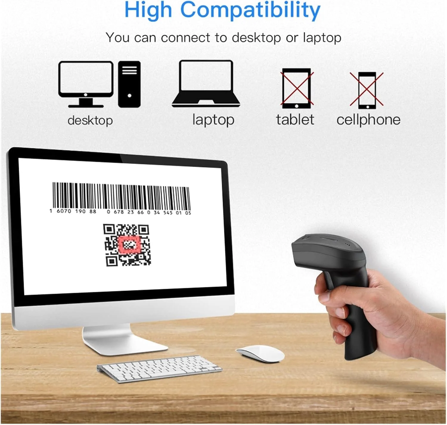 اسکنر بارکد دستی GDJmnbv، اسکنر بارکد 1D 2D QR، اسکنر بارکد دستی با اتصال 2 در 1، پیشوند/پسوند رقمی، اسکنر بارکد خوان