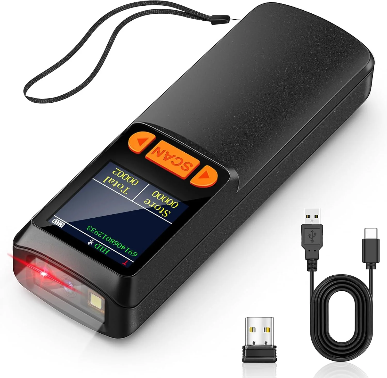 اسکنر بارکد بلوتوثی کوچک KUIIYER، اسکنر بارکد دوبعدی QR 1D بی‌سیم با صفحه نمایش LCD و صفحه کلید تنظیمات و هوش مصنوعی صوتی، بارکد خوان دستی کوچک قابل حمل برای تلفن هوشمند، کامپیوتر و POS