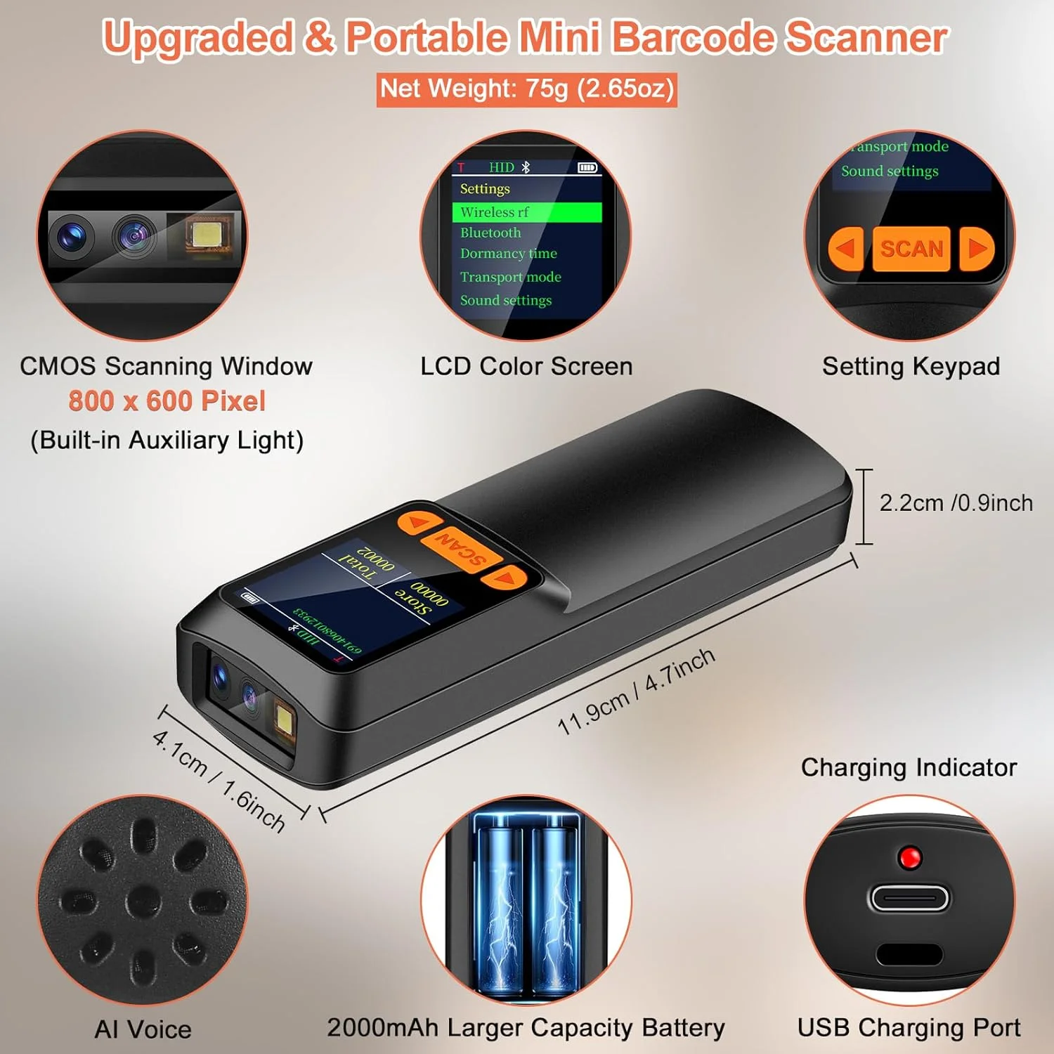 اسکنر بارکد بلوتوثی کوچک KUIIYER، اسکنر بارکد دوبعدی QR 1D بیسیم با صفحه نمایش LCD و صفحه کلید تنظیمات و هوش مصنوعی صوتی، بارکد خوان دستی کوچک قابل حمل برای تلفن هوشمند، کامپیوتر و POS اسکنر بارکد بلوتوثی کوچک KUIIYER، اسکنر بارکد دوبعدی QR 1D بیسیم با صفحه نمایش LCD و صفحه کلید تنظیمات و هوش مصنوعی صوتی، بارکد خوان دستی کوچک قابل حمل برای تلفن هوشمند، کامپیوتر و POS