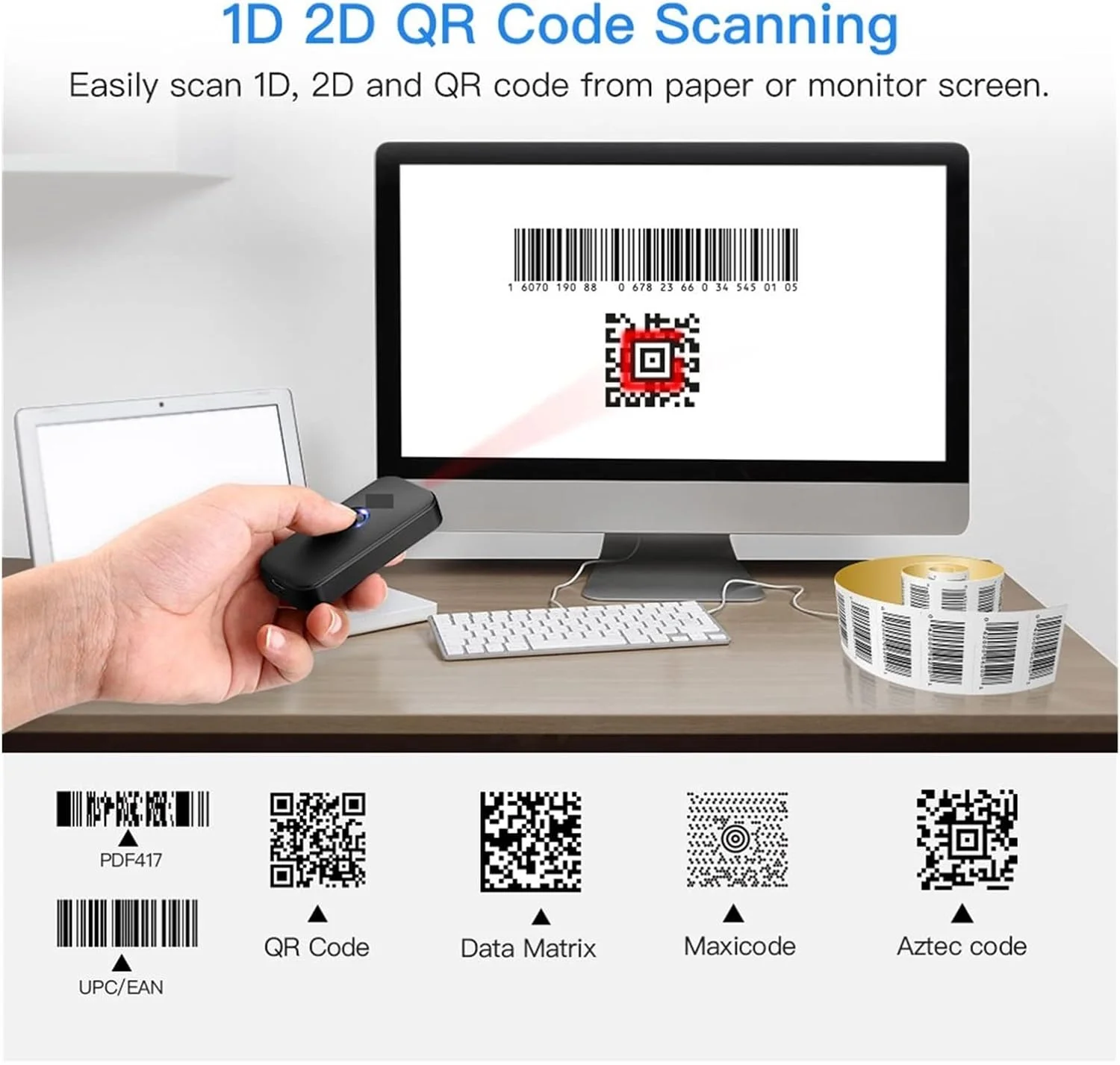 اسکنر بارکد دستی RTYUTT مینی 1D/2D QR، اسکنر بارکد 2.4G بیسیم و بلوتوث، بارکد خوان قابل حمل 1D QR اسکنر تصویری اسکنر بارکد دستی RTYUTT مینی 1D/2D QR، اسکنر بارکد 2.4G بیسیم و بلوتوث، بارکد خوان قابل حمل 1D QR اسکنر تصویری
