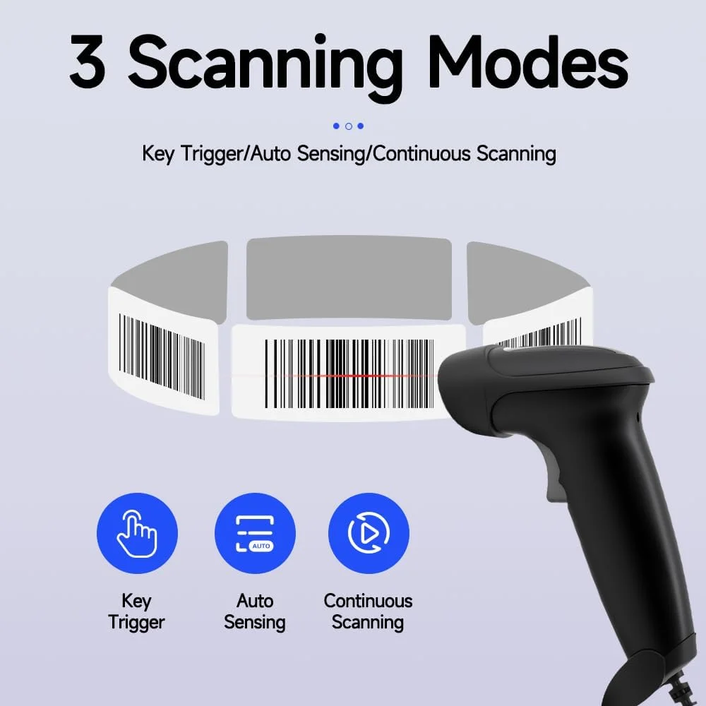 اسکنر بارکد 1D 2D یانزیو با پایه قابل تنظیم، اسکنر کد QR، بارکد خوان دستی USB با سنسور تصویر CMOS و ضبط خودکار صفحه نمایش، سازگار با ویندوز/مک/لینوکس