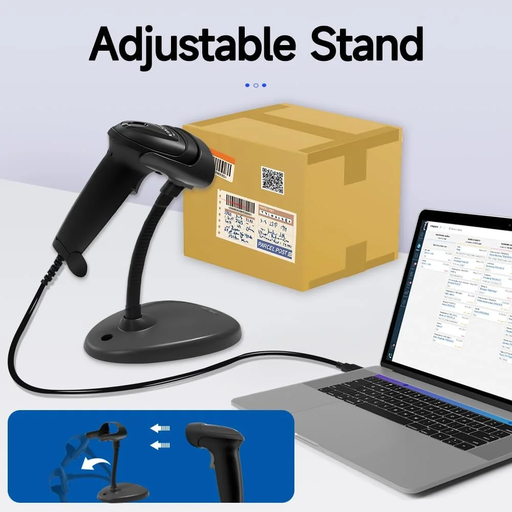 اسکنر بارکد 1D 2D یانزیو با پایه قابل تنظیم، اسکنر کد QR، بارکد خوان دستی USB با سنسور تصویر CMOS و ضبط خودکار صفحه نمایش، سازگار با ویندوز/مک/لینوکس