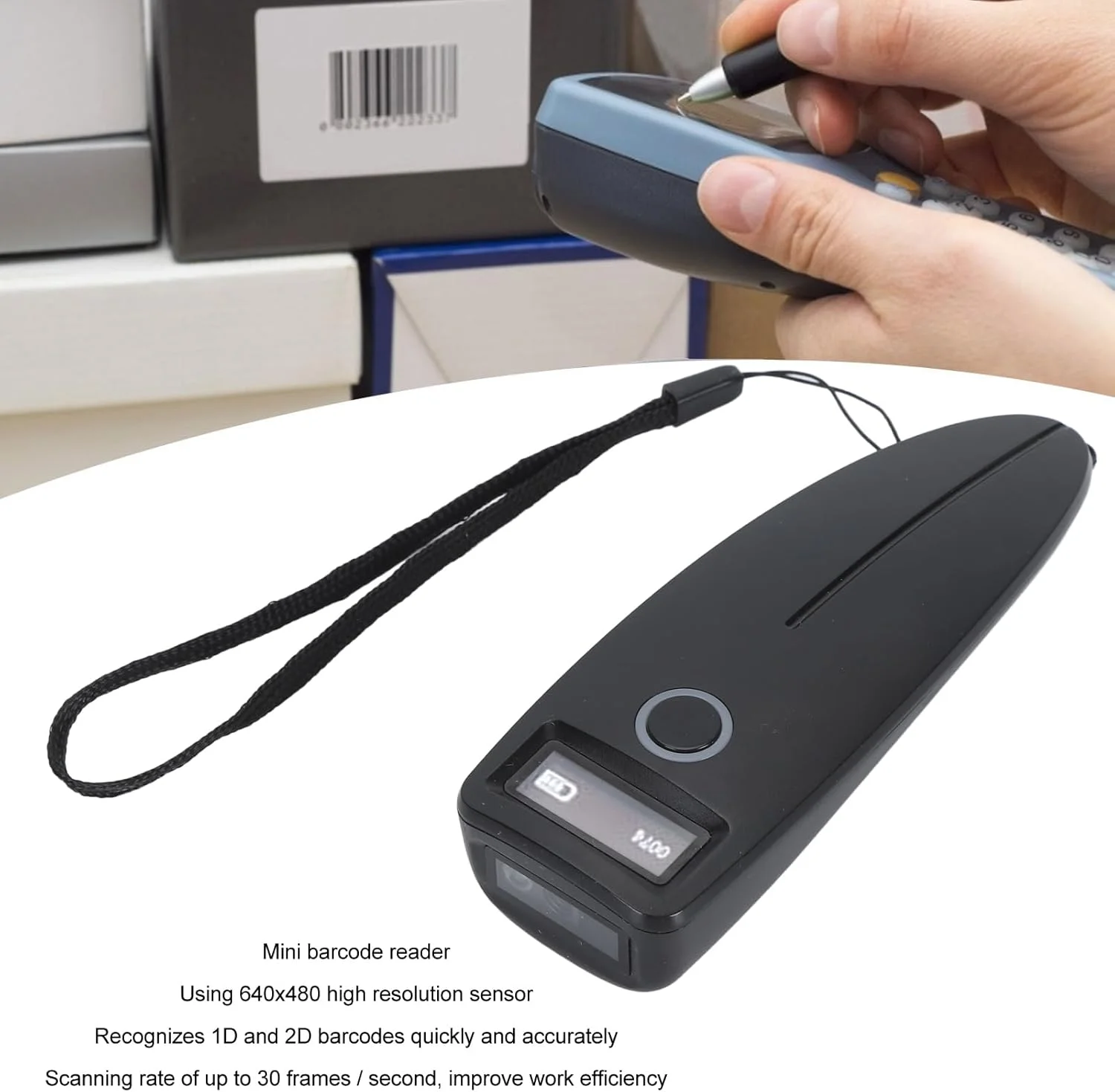 اسکنر بارکد USB، اسکنر دستی UHF، اسکنر بارکد 2D 1D مینی بی سیم قابل حمل برای انبار، کتابخانه، داروخانه، سوپرمارکت، فروشگاه