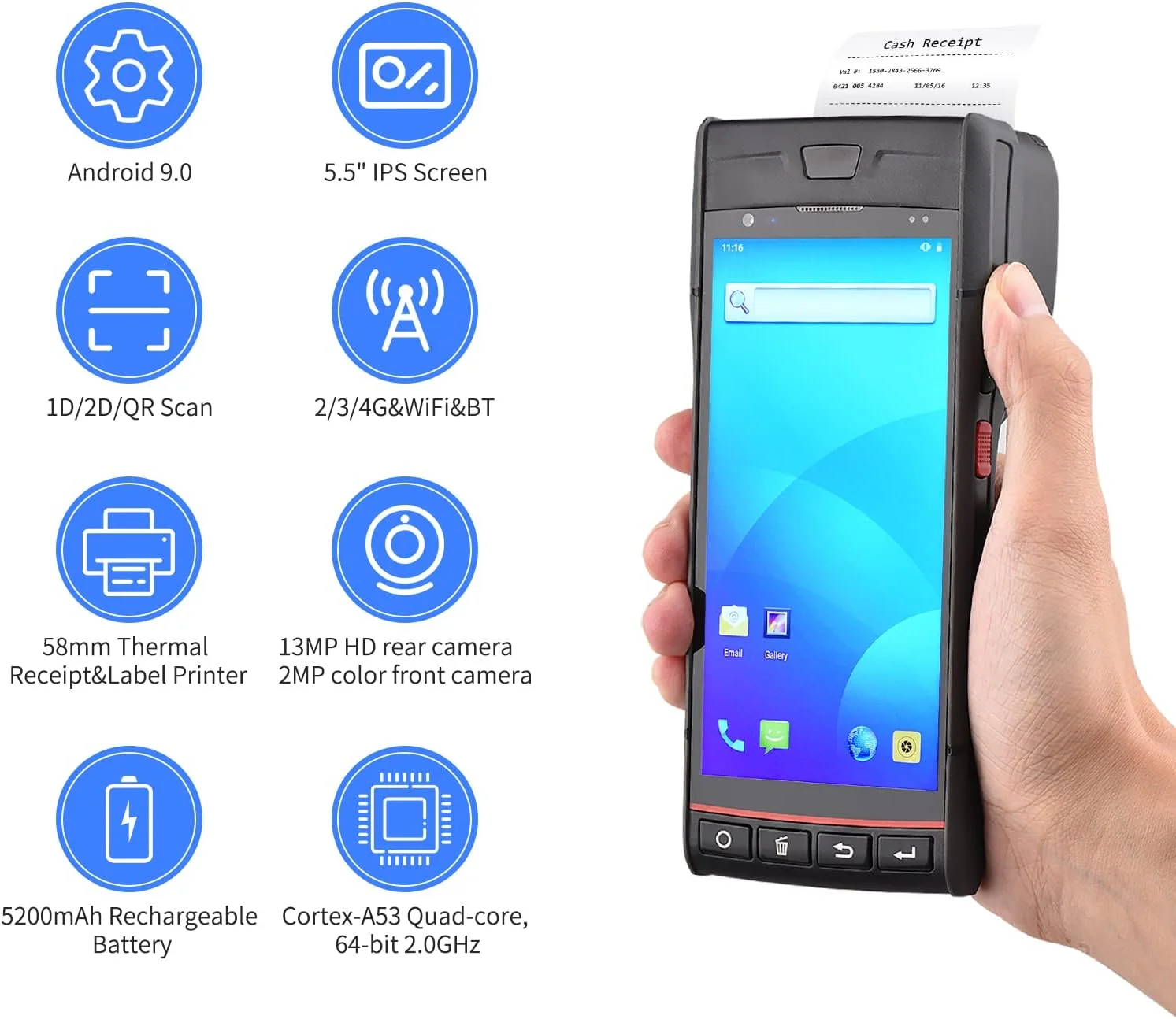 دستگاه چاپگر رسید POS قابل حمل Fawoonu، ترمینال PDA اندروید 9.0، اسکنر بارکد 1D/2D/QR، پشتیبانی از سیستم موقعیت یابی جهانی 4G WiFi BT، ارتباط با صفحه لمسی 5.5 اینچی، چاپ برچسب برای سوپرمارکت