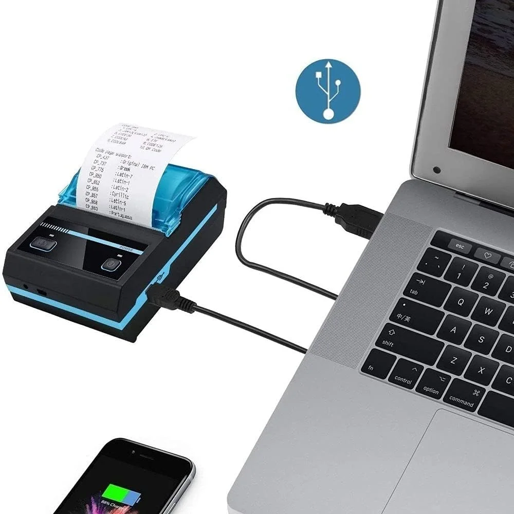 چاپگر حرارتی رسید UOOD 58mm، چاپگر حرارتی بی سیم کوچک قابل حمل، چاپ رسید، فیش، بلیط از طریق USB برای iOS، اندروید، ویندوز سازگار با ESC/POS
