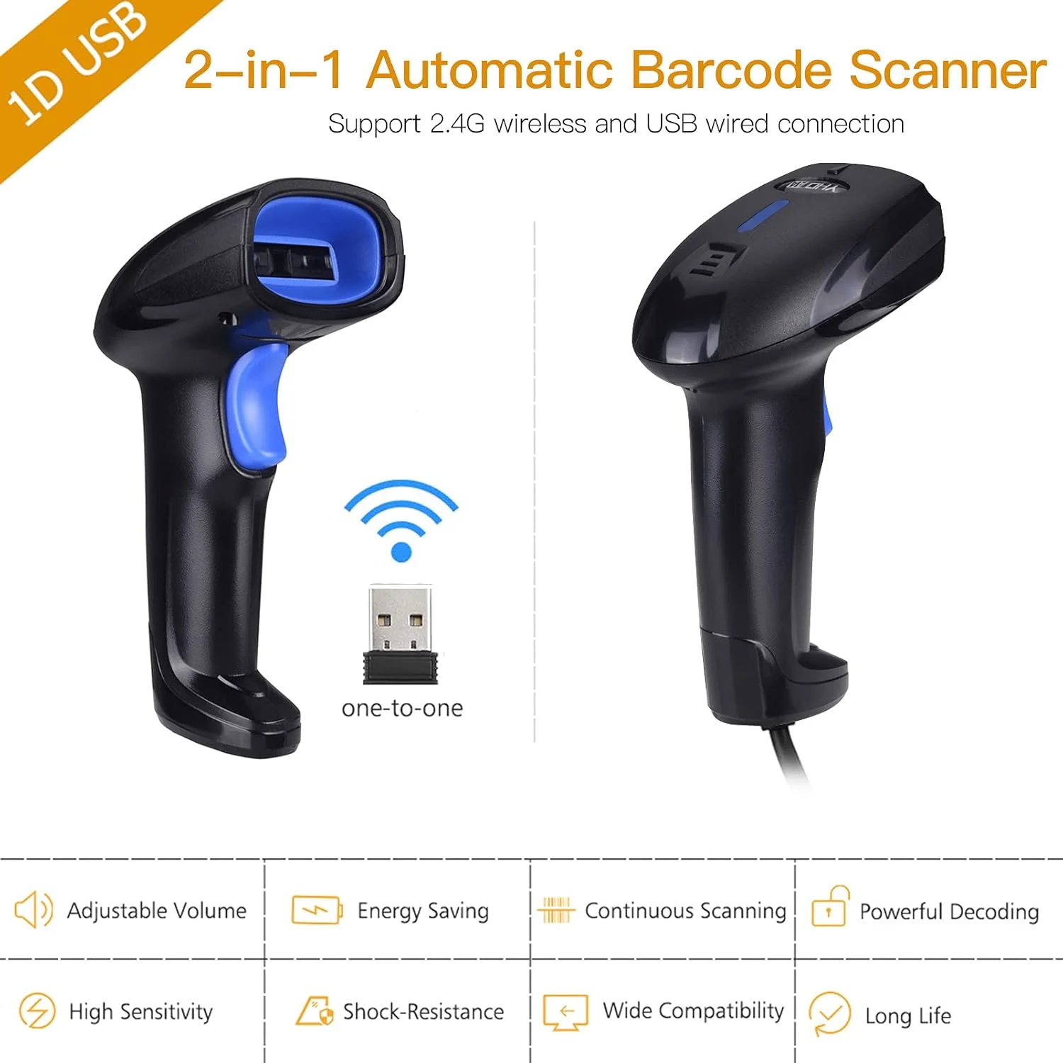 اسکنر بارکد بیسیم 2 در 1 OUNA 2.4G و اسکنر بارکد سیمی USB، اسکنر بارکد 1D دستی اتوماتیک با باتری قابل شارژ، گیرنده مینی USB، کابل USB برای کامپیوتر لپتاپ اسکنر بارکد بیسیم 2 در 1 OUNA 2.4G و اسکنر بارکد سیمی USB، اسکنر بارکد 1D دستی اتوماتیک با باتری قابل شارژ، گیرنده مینی USB، کابل USB برای کامپیوتر لپتاپ