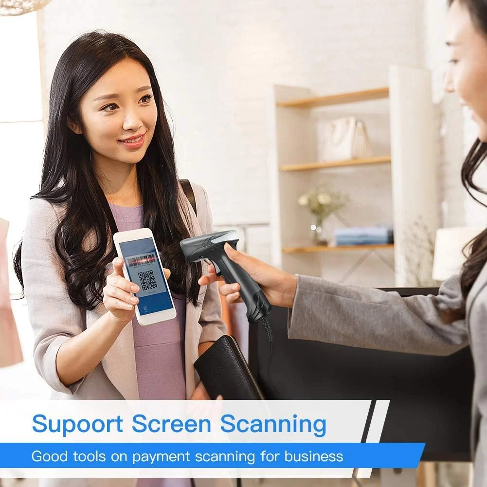 اسکنر بارکد USB با برد بلند، بارکد خوان سیمی دستی ماتریس داده برای پرداخت موبایلی، سیستم POS، مدیریت موجودی سوپرمارکت، پلاگ اند پلی، کابل USB فوق العاده بلند برای کتاب، انبار