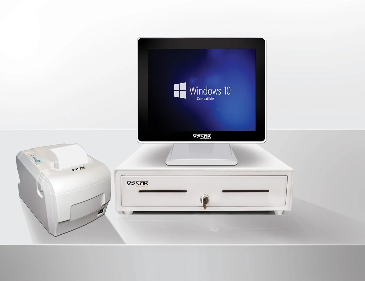 دستگاه پوز فروشگاهی OSCAR، پردازنده Core i5 نسل 4 با فرکانس 2.0 گیگاهرتز، 4 گیگابایت رم، 128 گیگابایت SSD | ترمینال پوز لمسی 15 اینچی (رنگ سفید) + چاپگر حرارتی رسید 80 میلی‌متری + کشوی پول 5 اسکناس 8 سکه