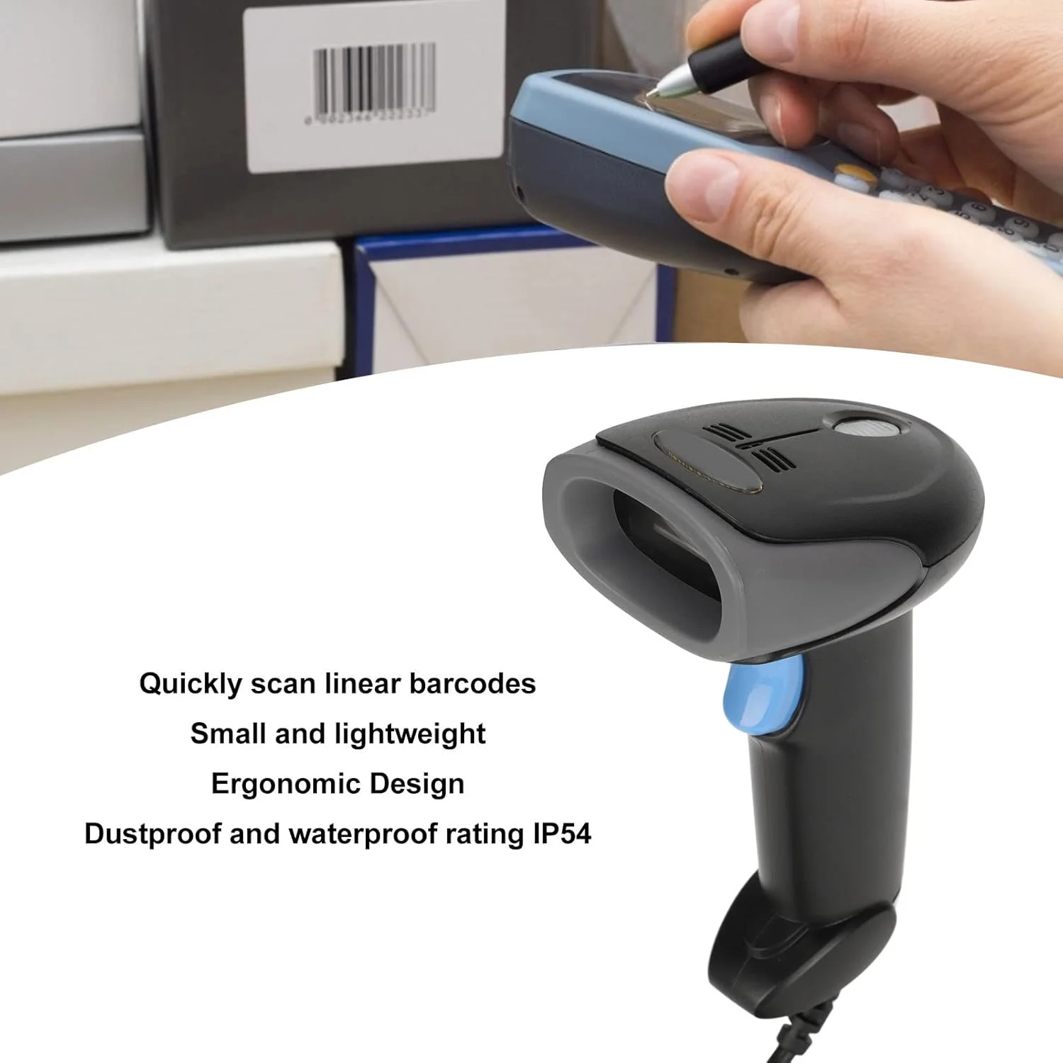 اسکنر بارکد USB مدل POENVFPO، بارکدخوان QR سیمی دستی با سرعت تصویربرداری بالا برای اسکن بارکد روی کاغذ و نمایشگر