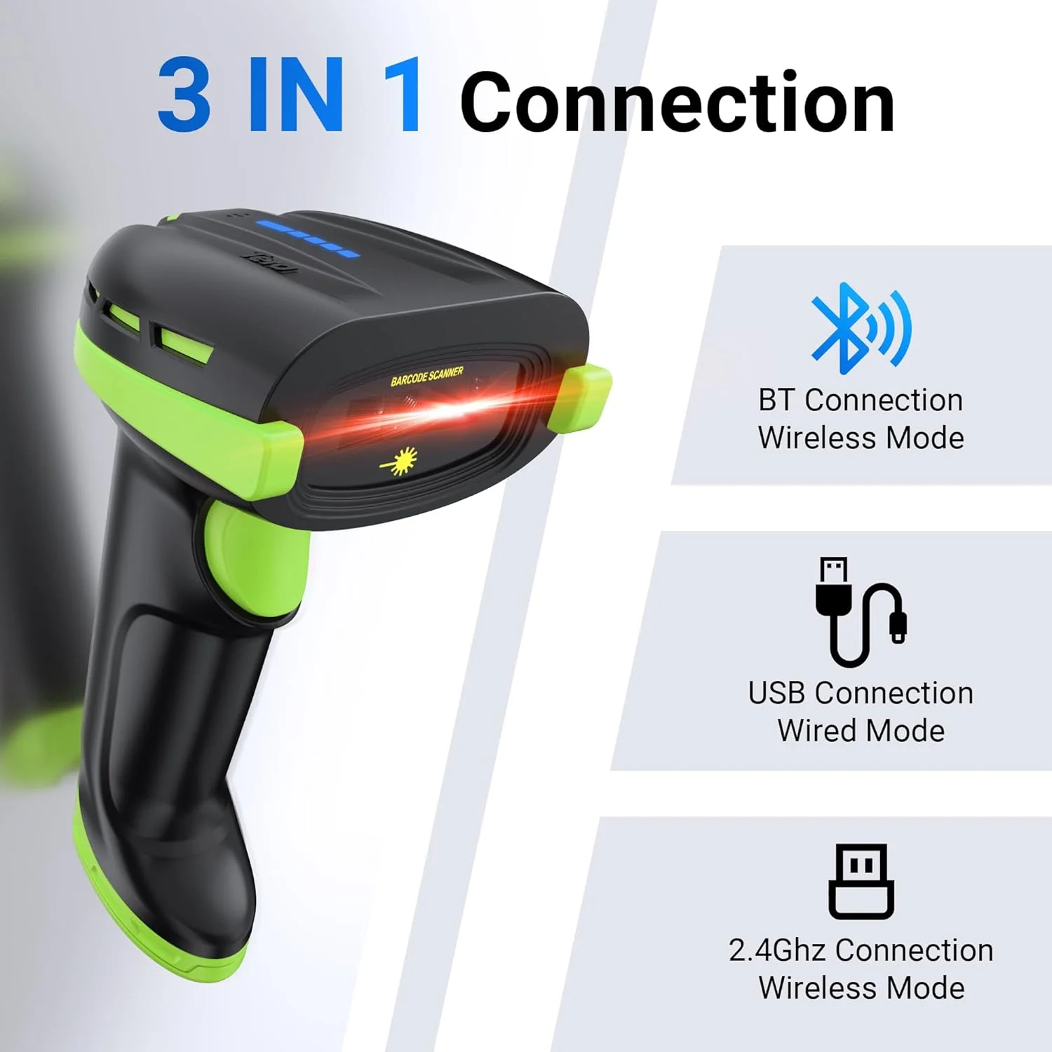 بارکد اسکنر Tera Pro با باتری قابل تعویض: دارای دکمه روشن/خاموش، نشانگر باتری، پایه دیواری، سازگار با بارکدهای 1D 2D QR، بلوتوث، بی سیم 2.4G و USB مدل D6100 سبز