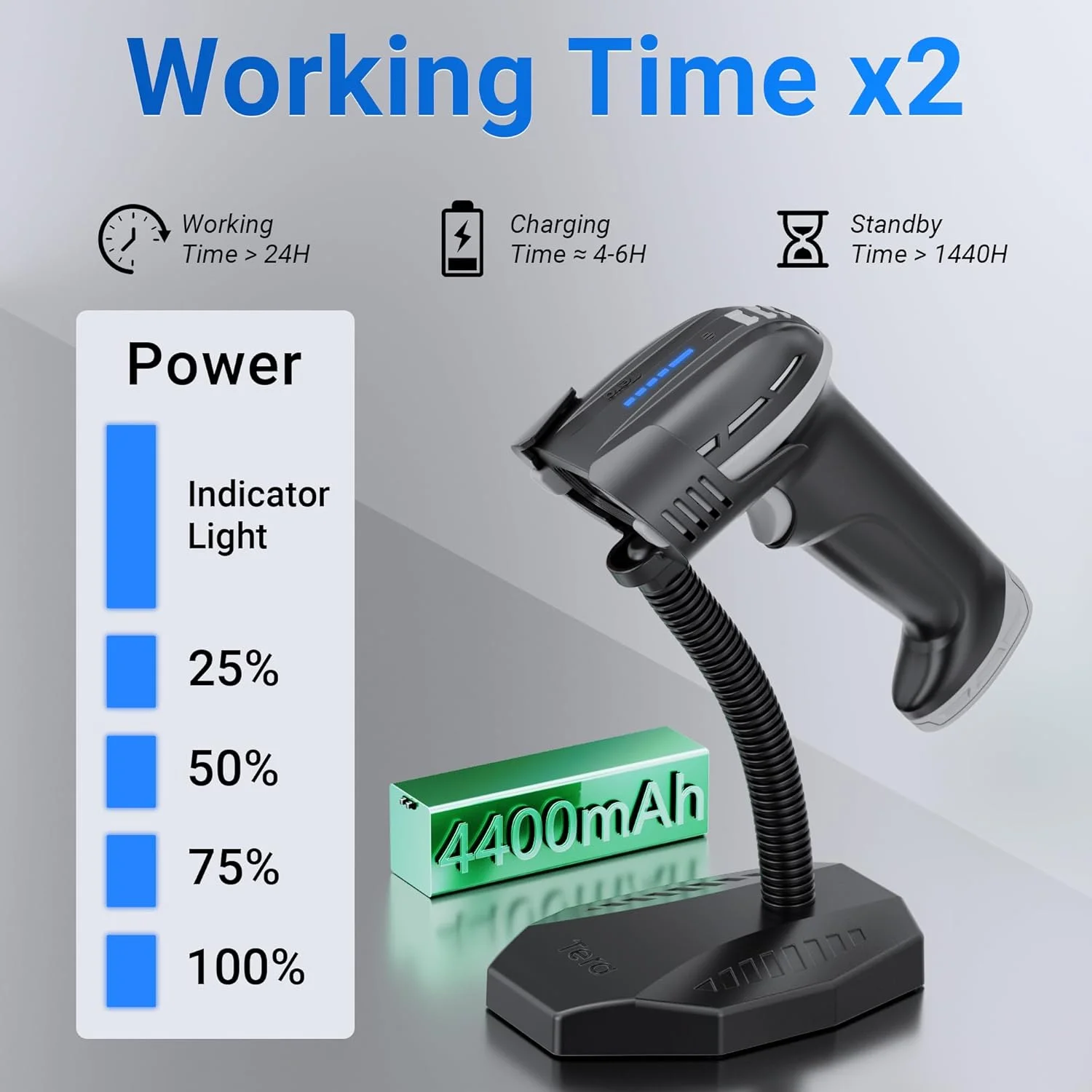 اسکنر بارکد Tera Pro با باتری قابل تعویض: دکمه روشن/خاموش، نشانگر باتری، پایه دیواری، سازگار با بارکدهای 1D 2D QR، بلوتوث، بی سیم 2.4G، بارکد خوان USB مدل D6100 خاکستری