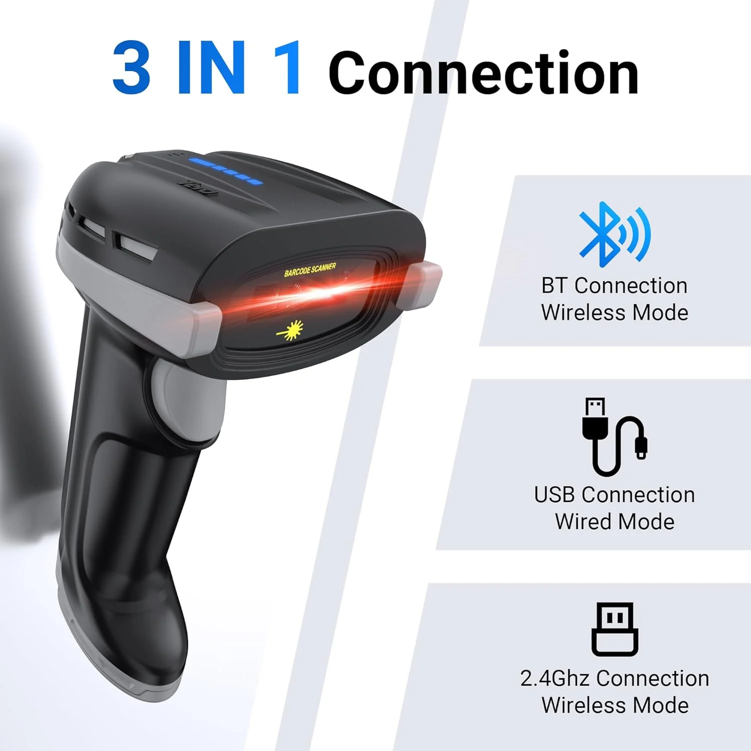 اسکنر بارکد Tera Pro با باتری قابل تعویض: دکمه روشن/خاموش، نشانگر باتری، پایه دیواری، سازگار با بارکدهای 1D 2D QR، بلوتوث، بی سیم 2.4G، بارکد خوان USB مدل D6100 خاکستری