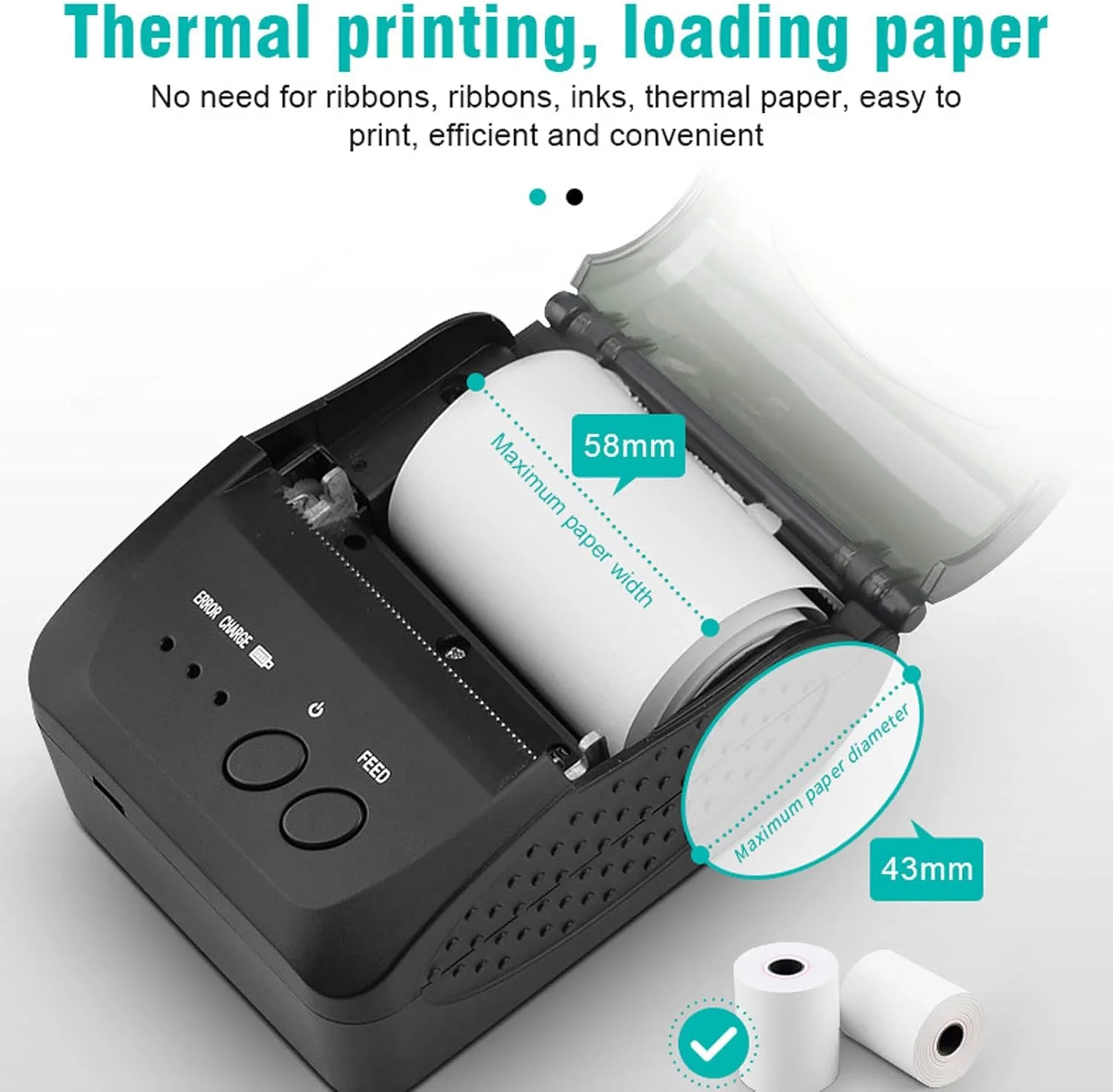 چاپگر حرارتی رسید، چاپگر مینی پوز بلوتوثی 58 میلی‌متری با سرعت چاپ بالا 90 میلی‌متر بر ثانیه، پشتیبانی از سیستم‌عامل‌های اندروید، OS X و ویندوز، چاپگر برچسب شخصی قابل حمل برای فروشگاه، رستوران، خرده‌فروشی و آشپزخانه (US)